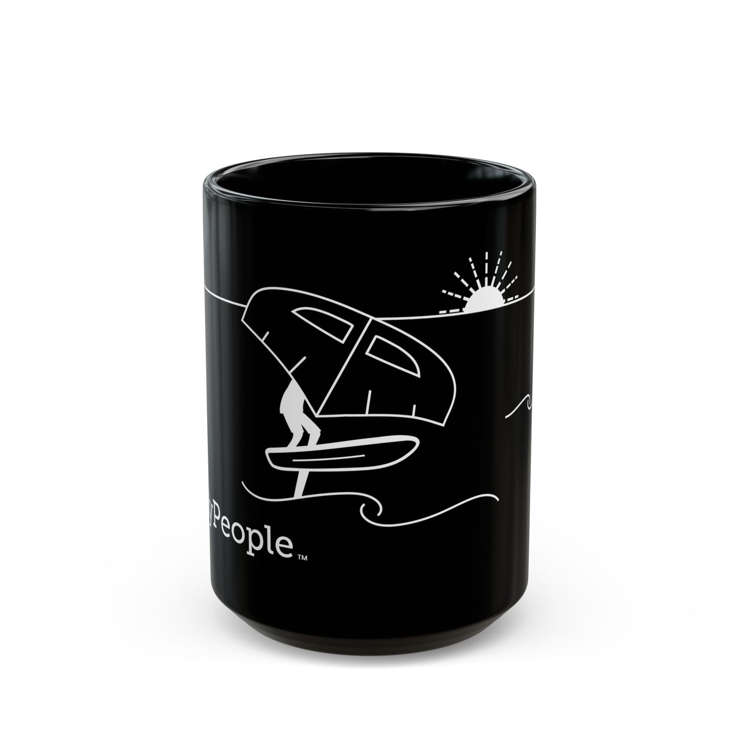 Line illustration of a person wing foiling on the water with a setting sun behind them, with the word MyPeople underneath printed on a ceramic mug.