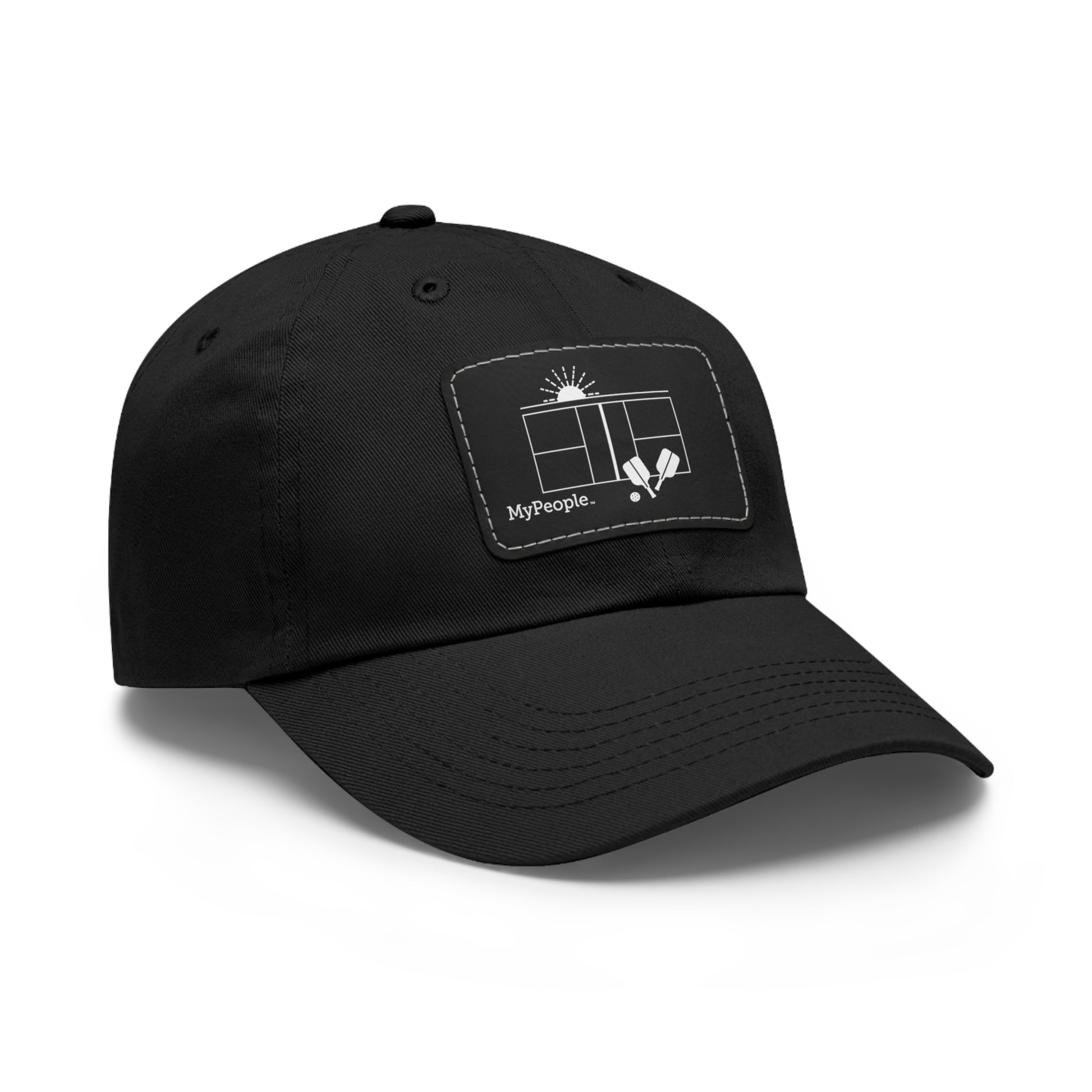 Angled view of a hat with a leather patch printed with the MyPeople Pickleball line illustration.
