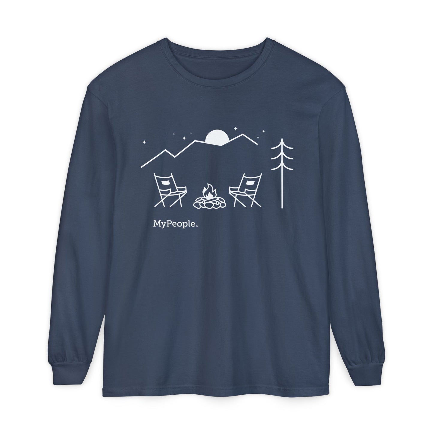 Line illustration of two chairs by a campfire under a tree with mountains and a night sky, with the word MyPeople underneath on a unisex garment.