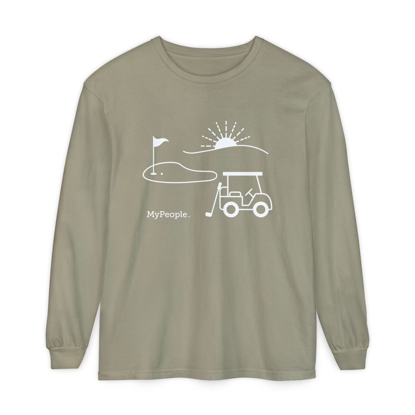 Line illustration of a golf cart, club, and green with a setting sun, with the word MyPeople underneath on a unisex garment.
