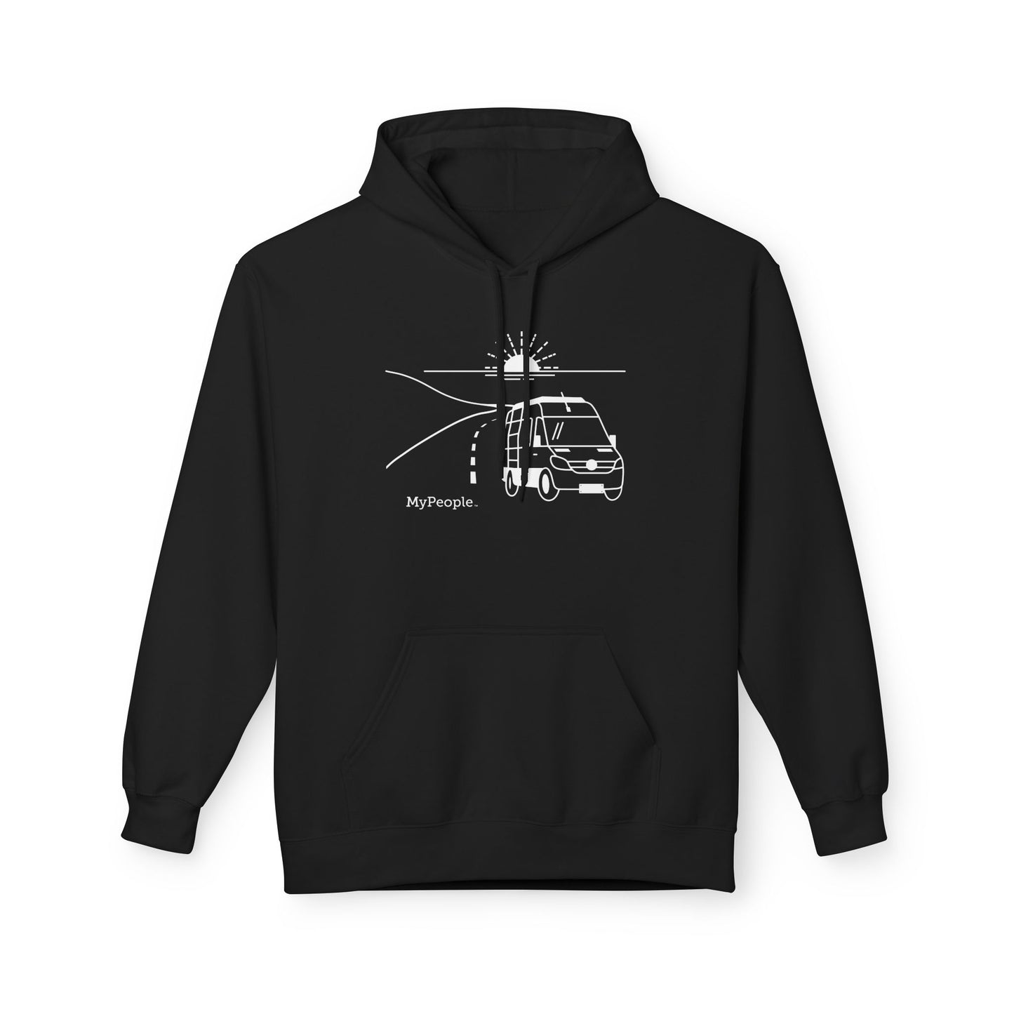  line illustration of a camper van on the highway with a setting sun in the background, with the word MyPeople underneath on a unisex hoodie.