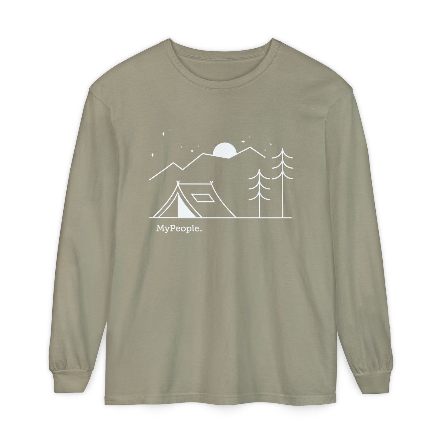 Line illustration of a tent beneath a tree with mountains, stars, and a moon, with the word MyPeople underneath on a unisex garment.