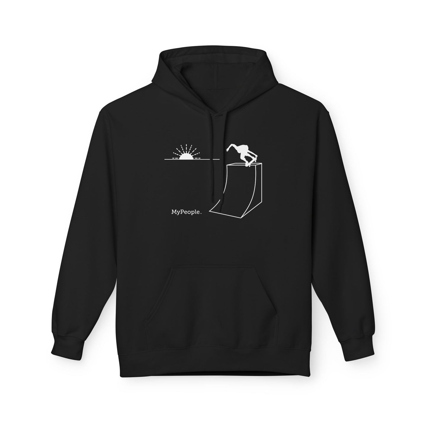  line illustration of a skater on a ramp with a setting sun behind, with the word MyPeople underneath on a unisex hoodie.
