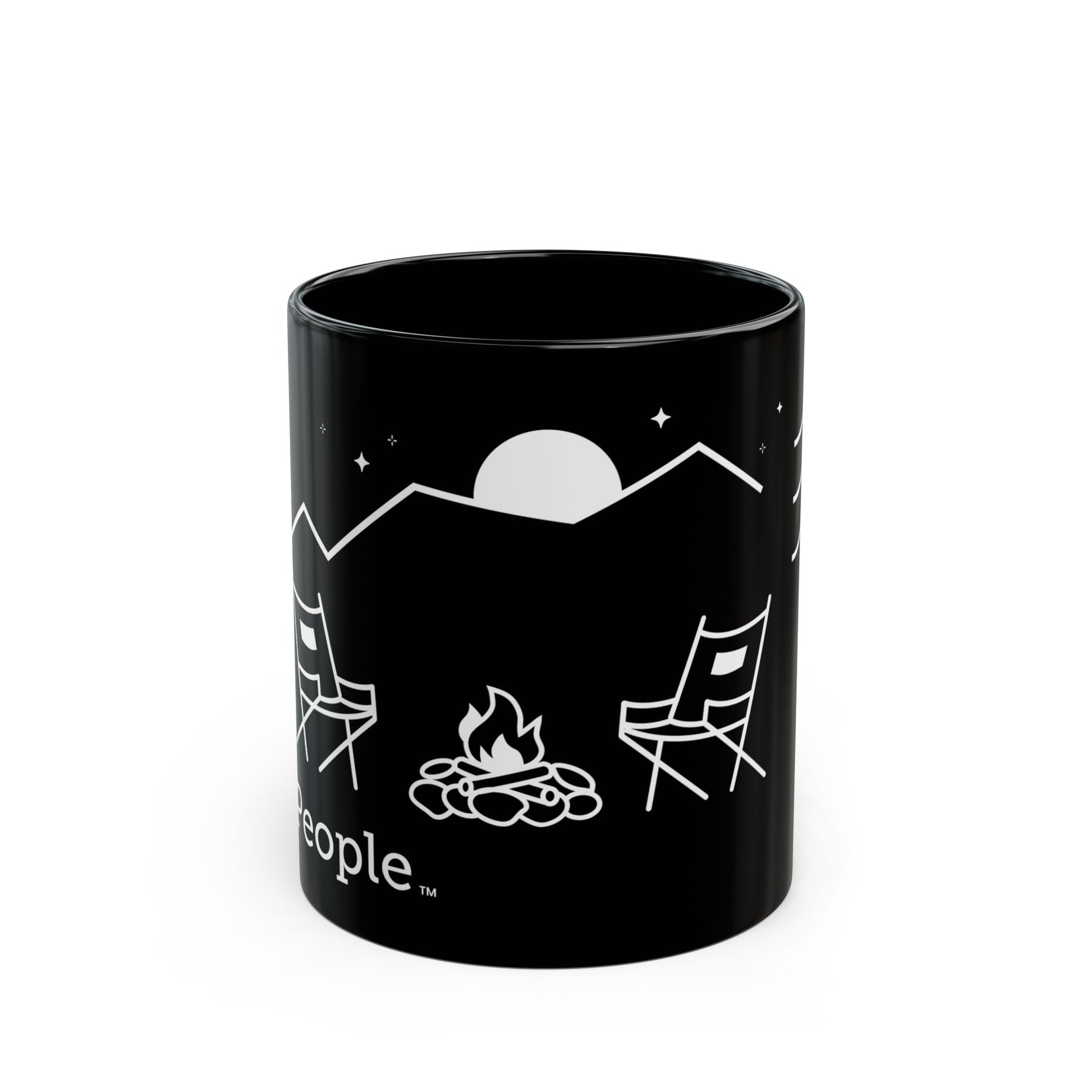 Line illustration of two chairs by a campfire under a tree, with mountains, stars, and a moon in the night sky, with the word MyPeople underneath printed on a ceramic mug.