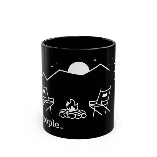 Line illustration of two chairs by a campfire under a tree, with mountains, stars, and a moon in the night sky, with the word MyPeople underneath printed on a ceramic mug.