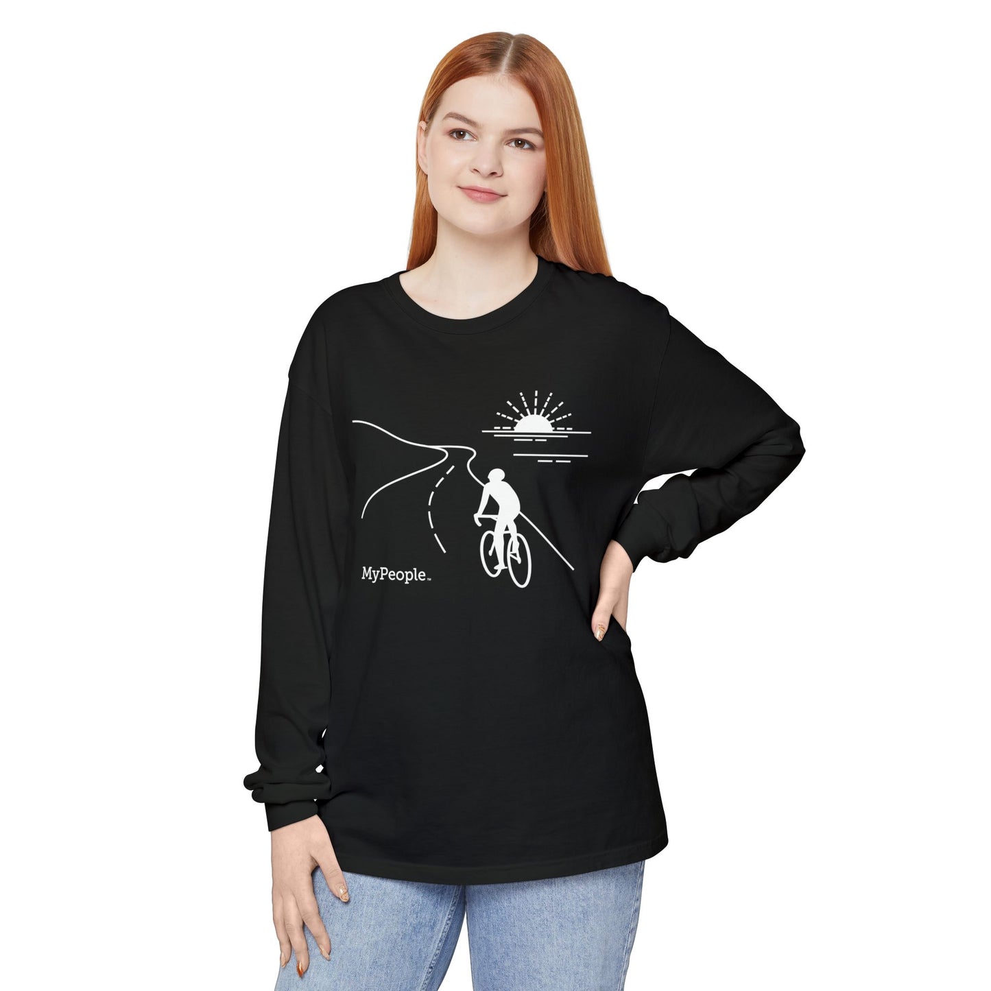 Person wearing a unisex long-sleeve shirt showing the front view with the MyPeople Cycling line illustration.
