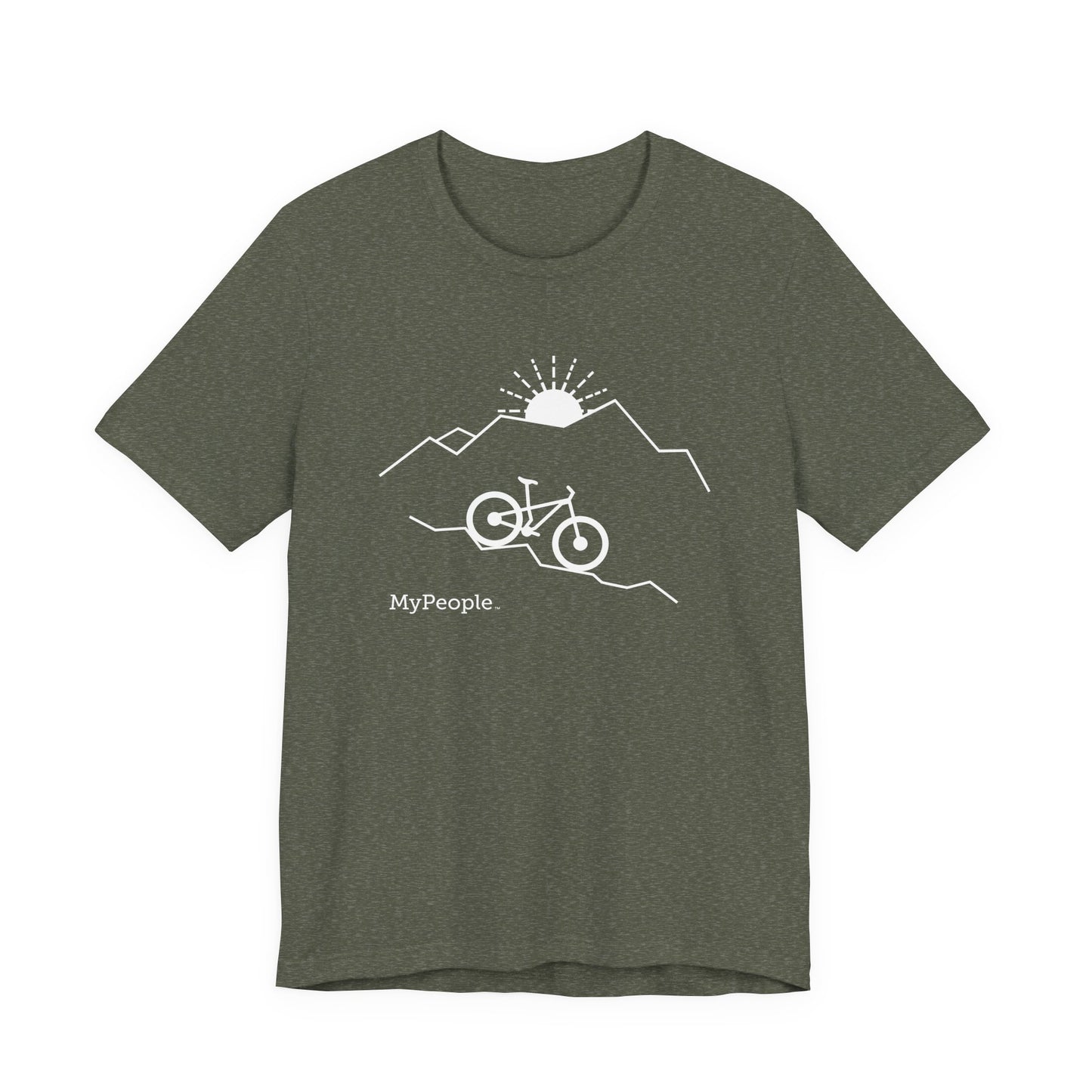 line illustration of a mountain bike on a downhill slope with mountains and a setting sun behind it, with the word MyPeople underneath on a unisex t-shirt.