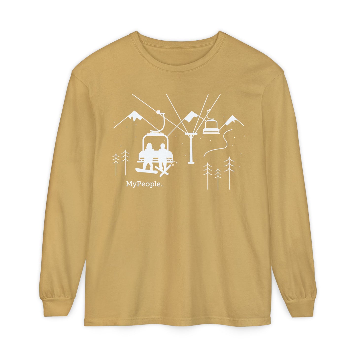 MyPeople Snowsports collection link featuring a line illustration of a snowboarder and skier on a chairlift with snowy peaks behind them.
