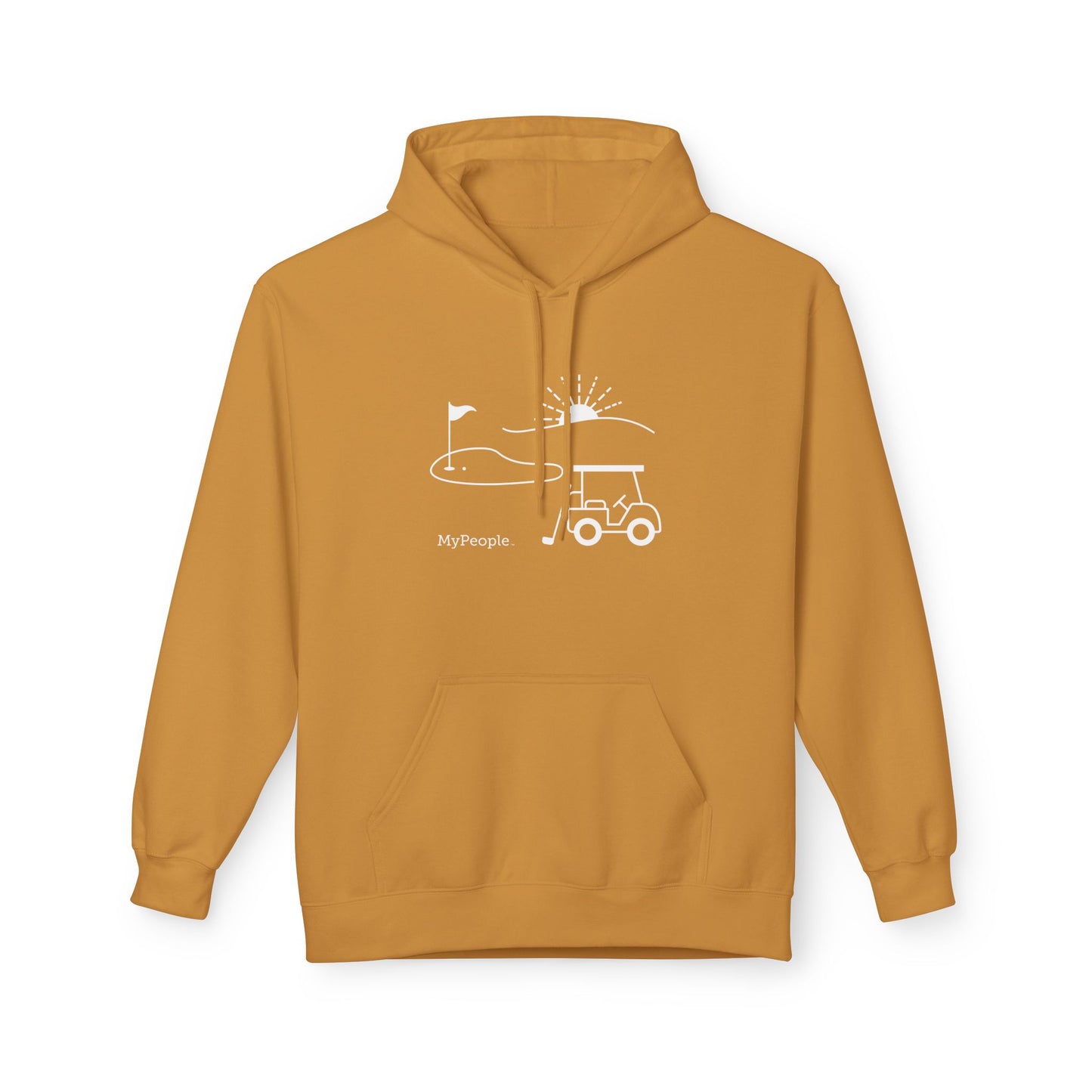 Line illustration of a golf cart, club, and green with a setting sun, with the word MyPeople underneath on a unisex garment.