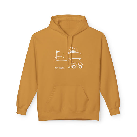 Line illustration of a golf cart, club, and green with a setting sun, with the word MyPeople underneath on a unisex garment.