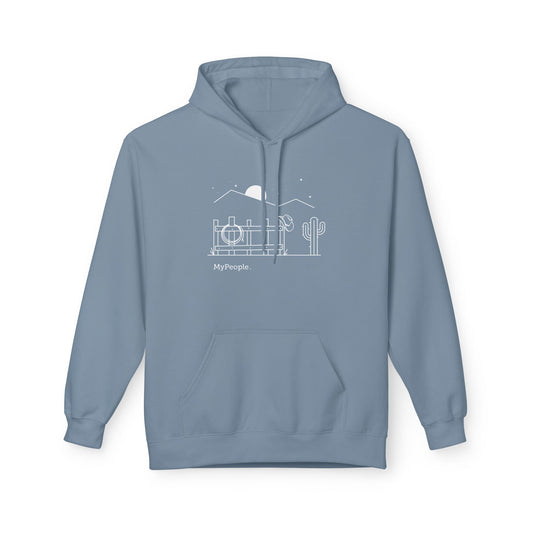 Line illustration of a fence with a cowboy hat, rope, and boots under a night sky, with the word MyPeople underneath on a unisex garment.