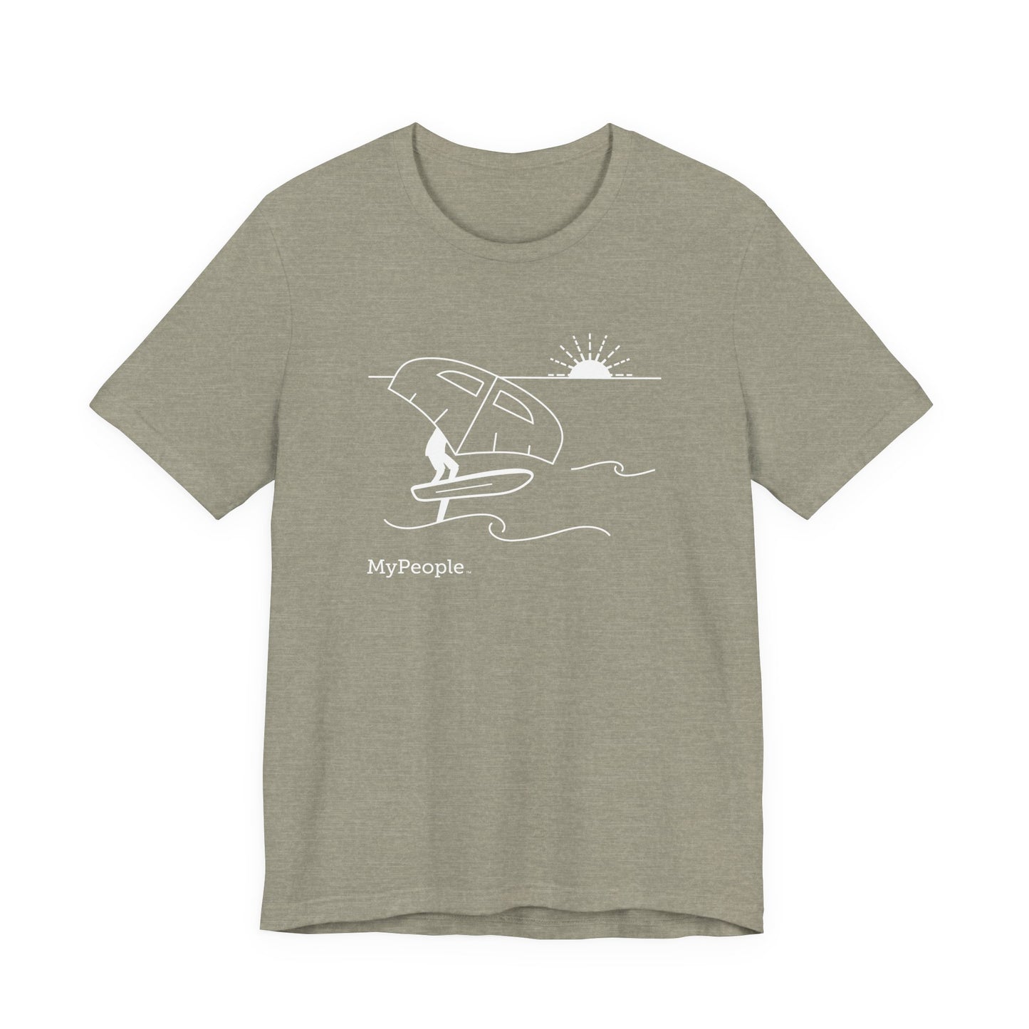 Line illustration of a person wing foiling on the water with a setting sun, with the word MyPeople underneath on a unisex garment.