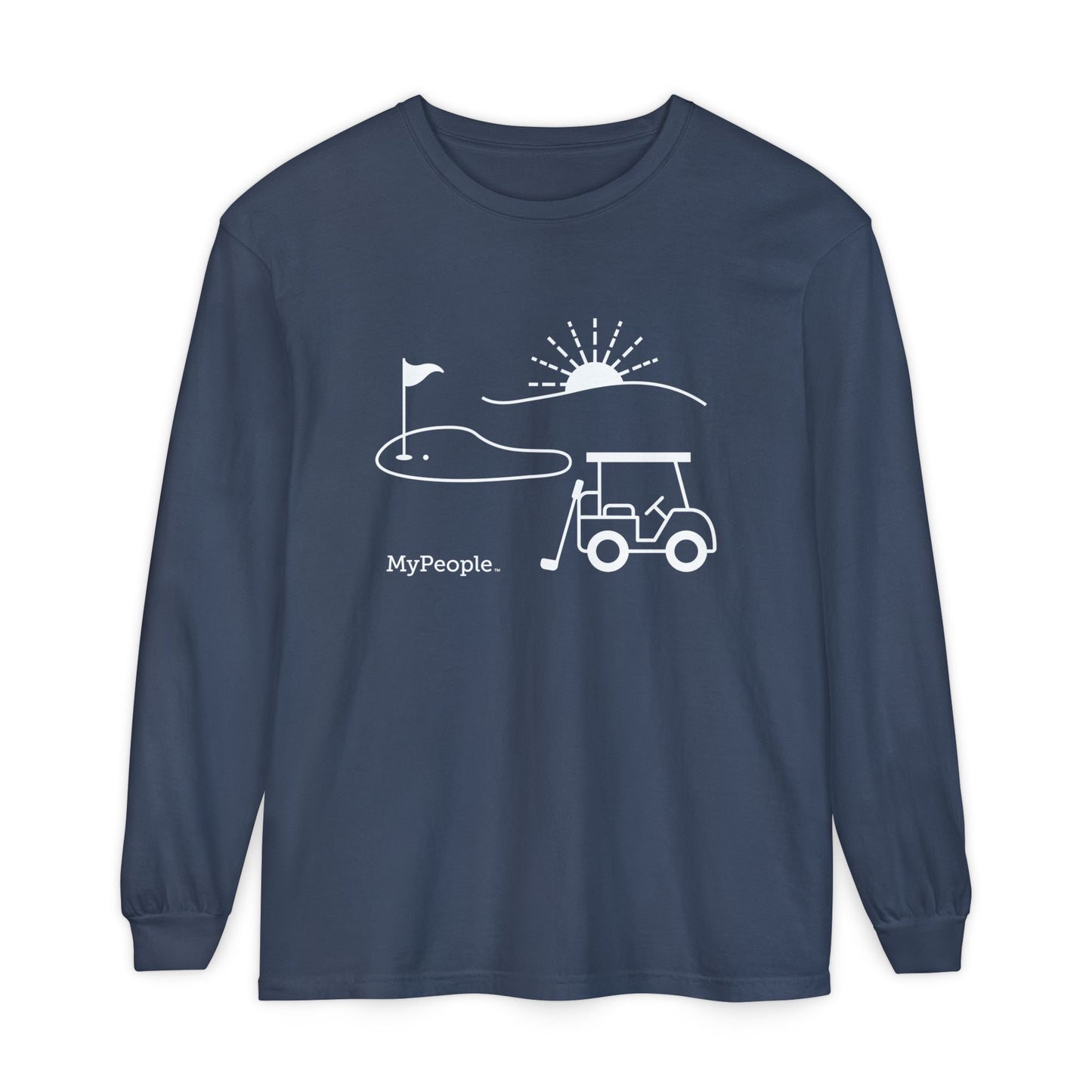 Line illustration of a golf cart, club, and green with a setting sun, with the word MyPeople underneath on a unisex garment.