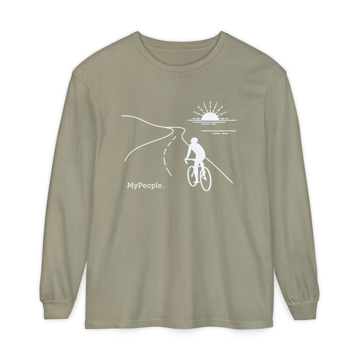 Line illustration of a road cyclist riding along a coastal highway at sunset, with the word MyPeople underneath on a unisex garment.