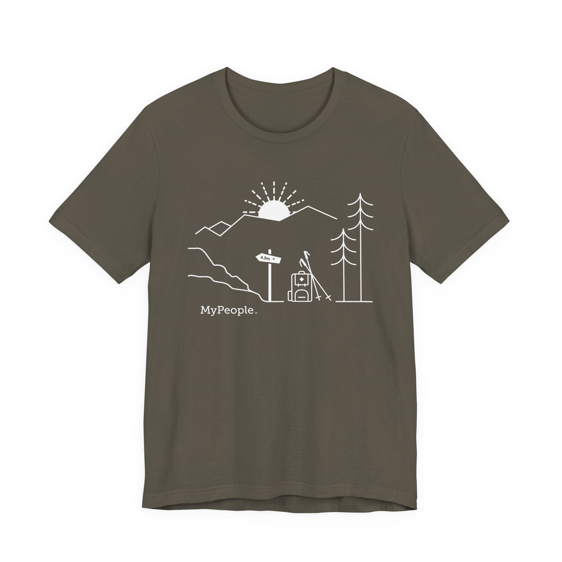 Line illustration of a backpack and hiking poles beside a trail sign with mountains and a setting sun, with the word MyPeople underneath on a unisex garment.