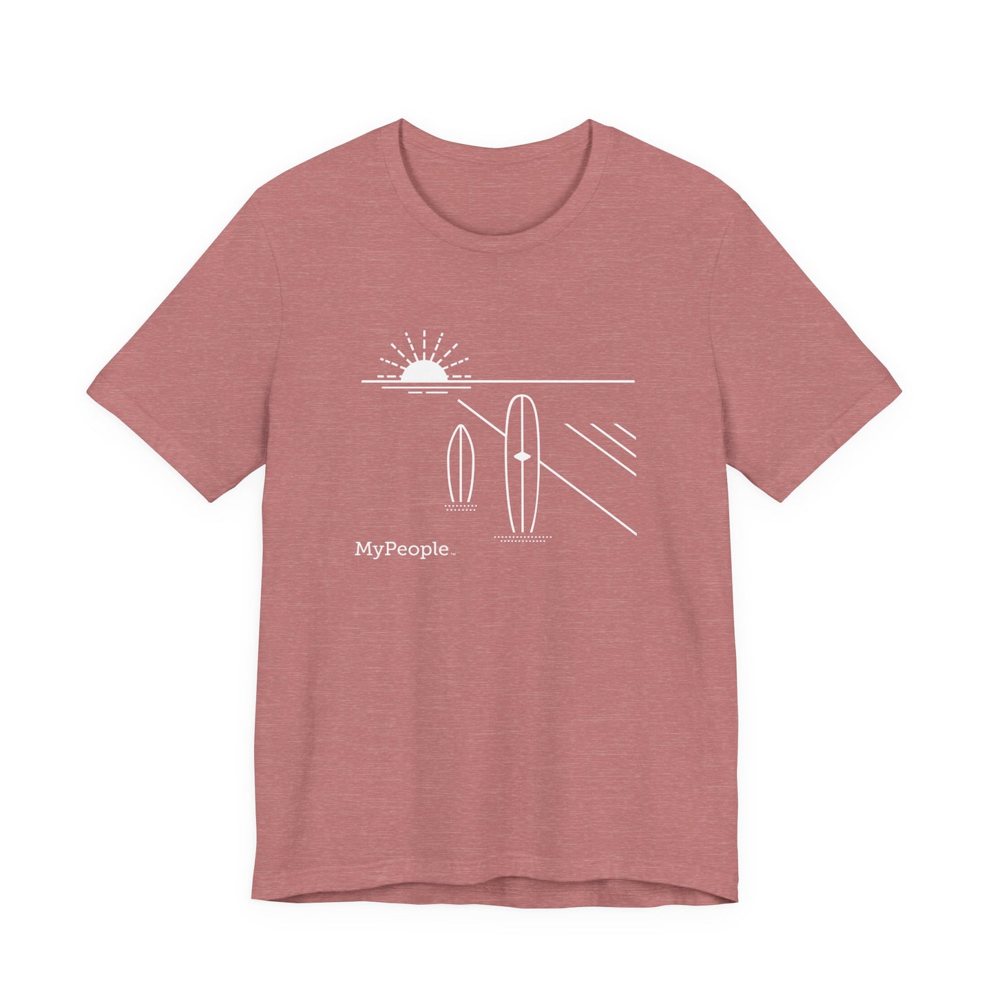 Line illustration of two surfboards standing upright in the sand with a setting sun, with the word MyPeople underneath on a unisex garment.