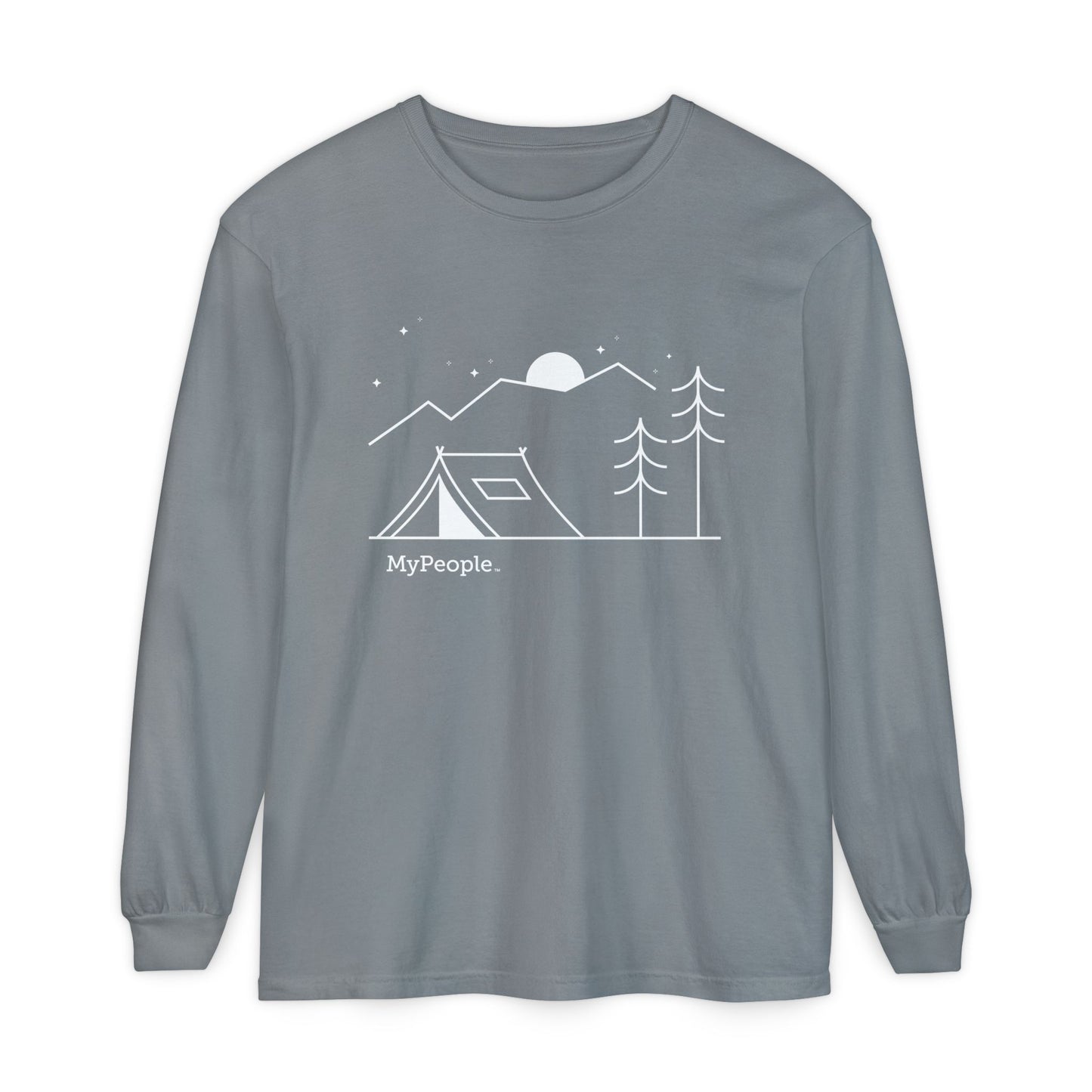 Line illustration of a tent beneath a tree with mountains, stars, and a moon, with the word MyPeople underneath on a unisex garment.