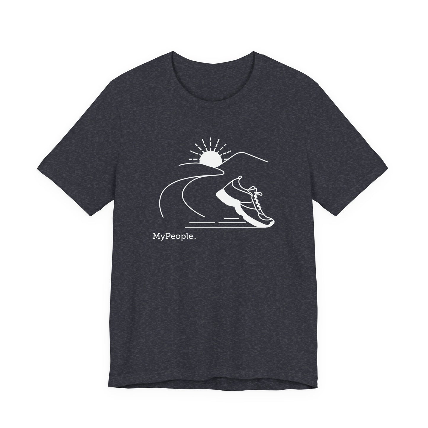 Line illustration of a running shoe with a road leading to mountains and a setting sun, with the word MyPeople underneath on a unisex garment.