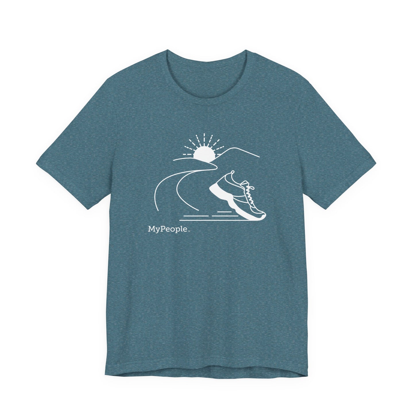 Line illustration of a running shoe with a road leading to mountains and a setting sun, with the word MyPeople underneath on a unisex garment.