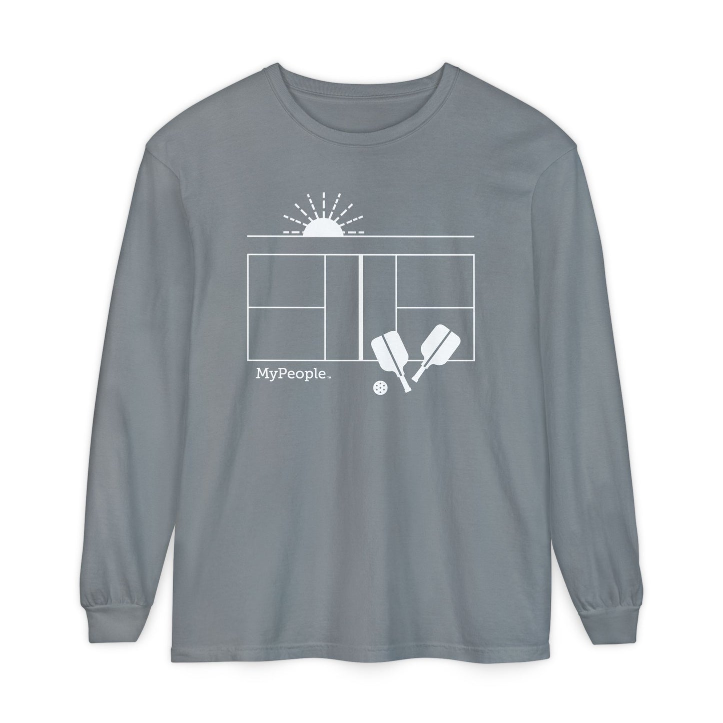 Line illustration of a pickleball court with paddles, a ball, and a setting sun, with the word MyPeople underneath on a unisex garment.