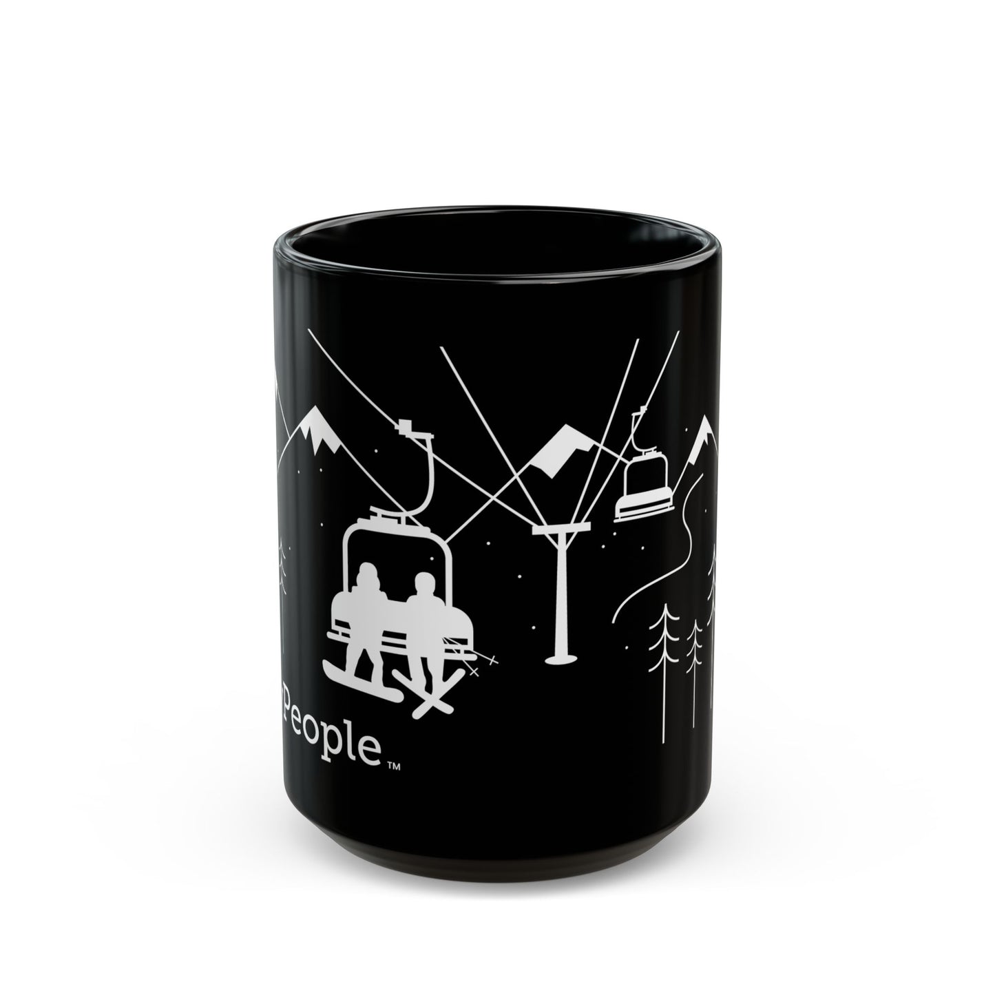  Line illustration of a snowboarder and skier sitting side by side on a chairlift with snowy peaks and trees behind them, with the word MyPeople underneath printed on a ceramic mug.