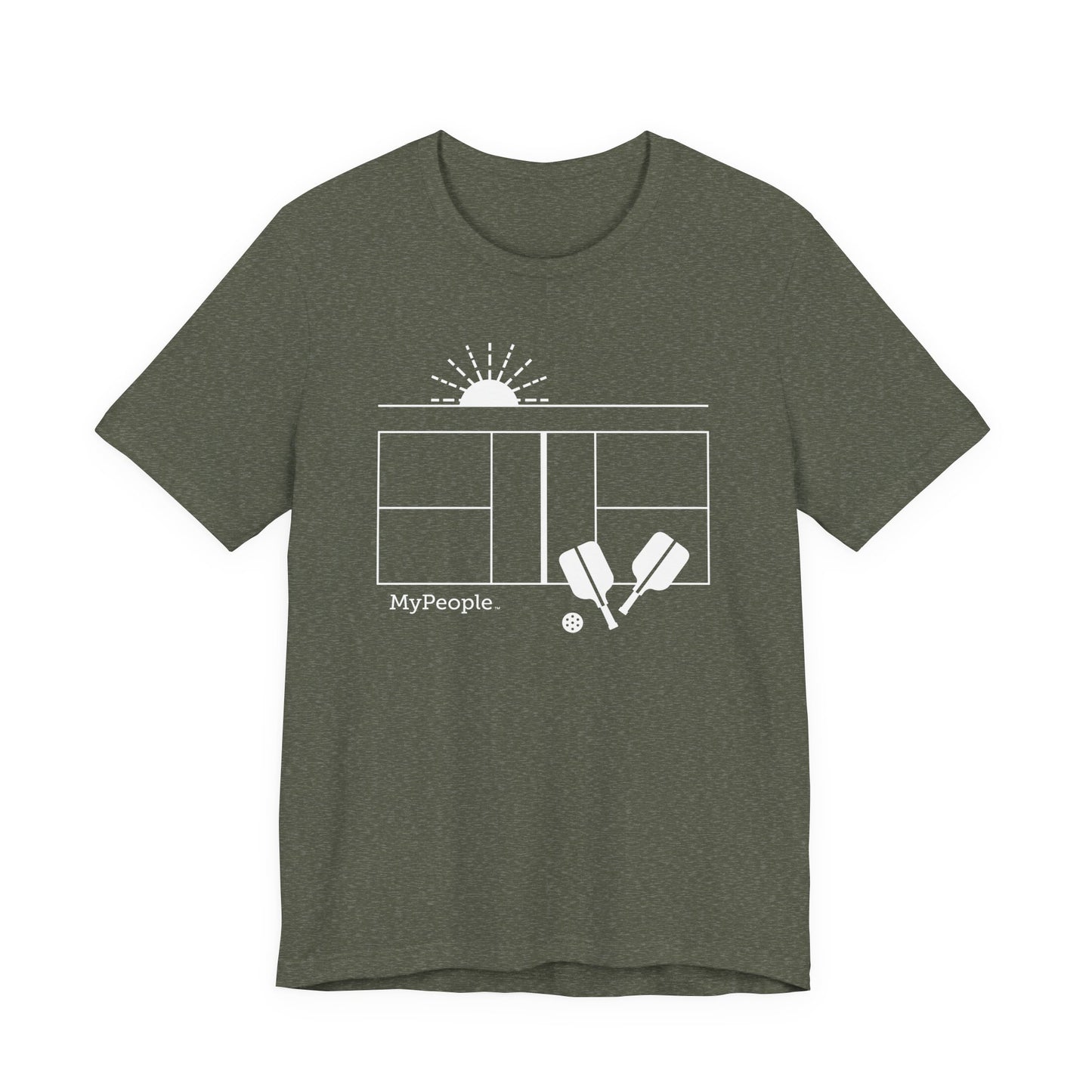Line illustration of a pickleball court with paddles, a ball, and a setting sun, with the word MyPeople underneath on a unisex garment.