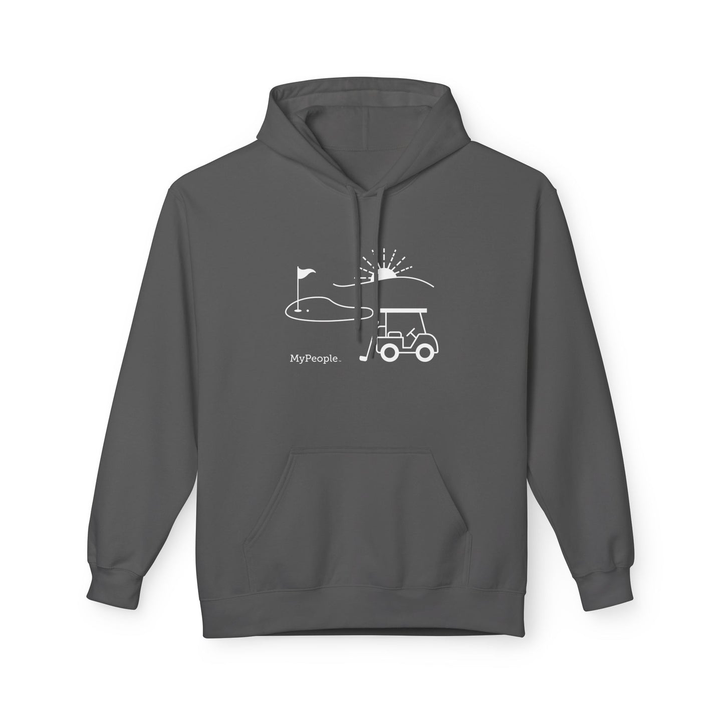 Line illustration of a golf cart, club, and green with a setting sun, with the word MyPeople underneath on a unisex garment.