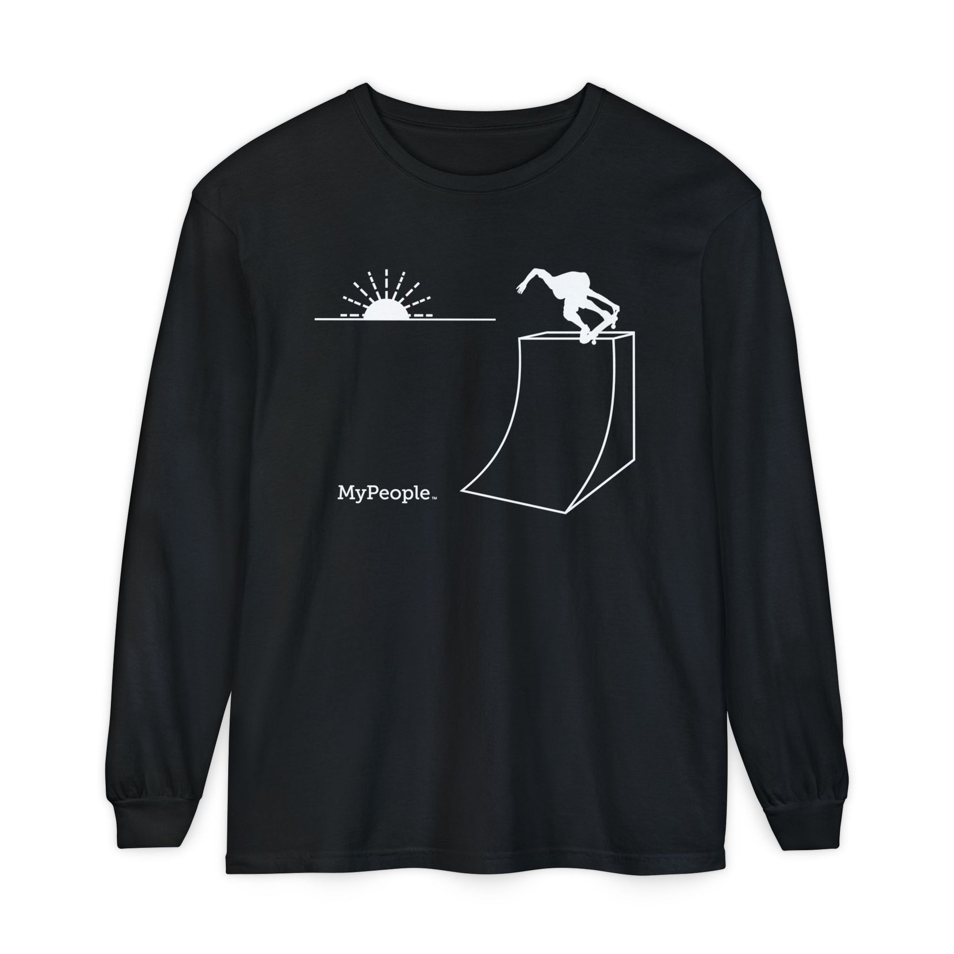 Line illustration of a skater on a ramp with a setting sun behind, with the word MyPeople underneath on a unisex long-sleeve shirt.