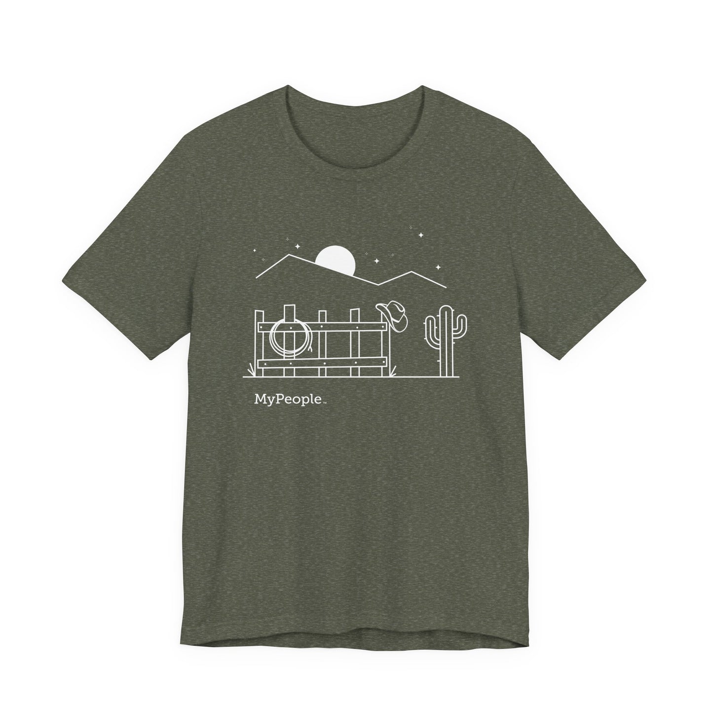 Line illustration of a fence with a cowboy hat, rope, and boots under a night sky, with the word MyPeople underneath on a unisex garment.