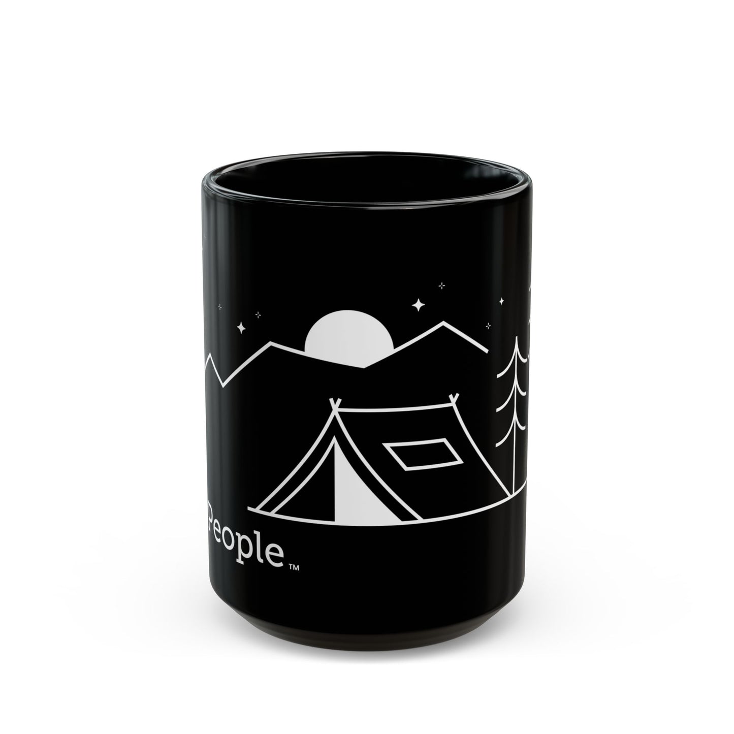 Line illustration of a small tent beside a tree with mountains, stars, and a moon in the night sky, with the word MyPeople underneath printed on a ceramic mug.
