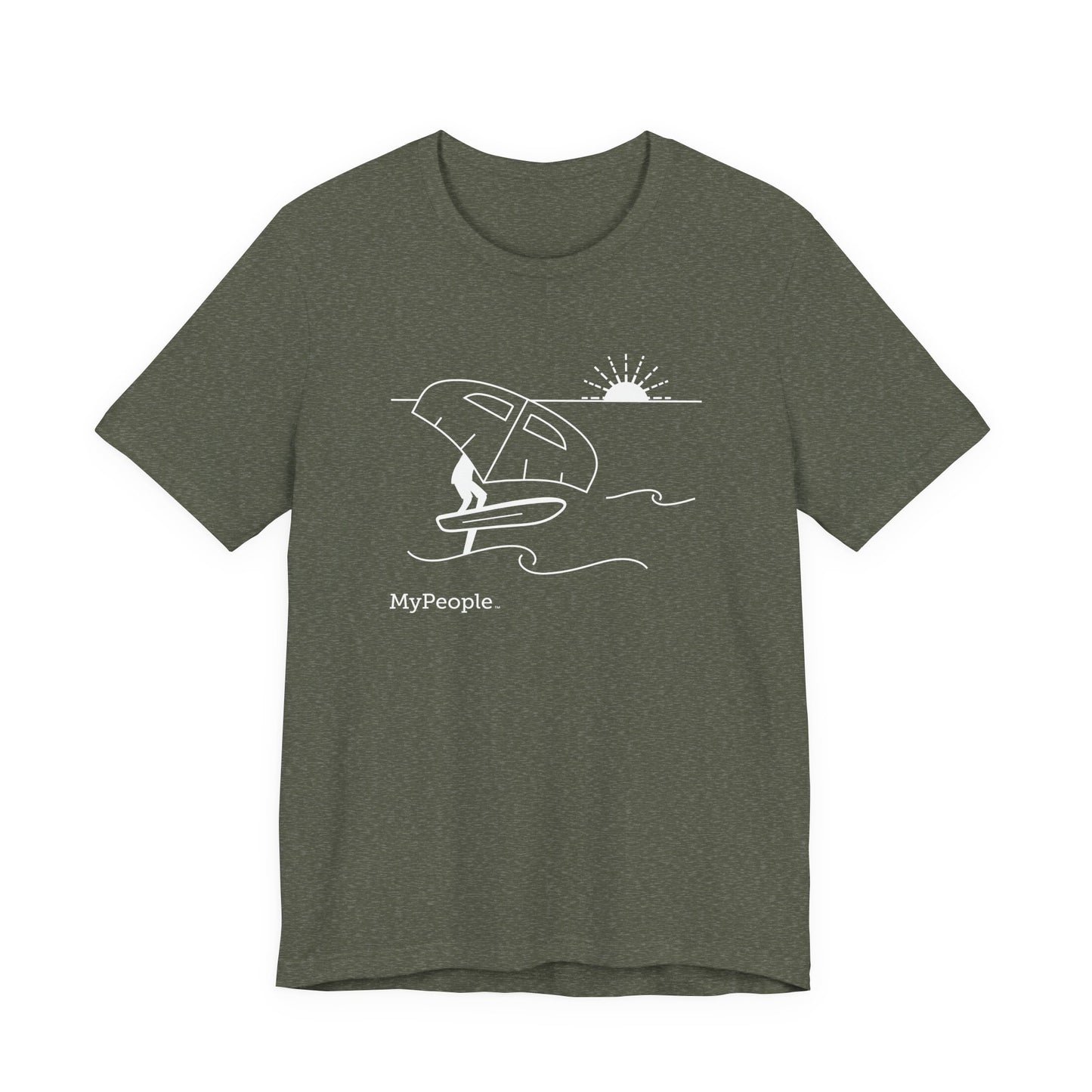 Line illustration of a person wing foiling on the water with a setting sun, with the word MyPeople underneath on a unisex garment.