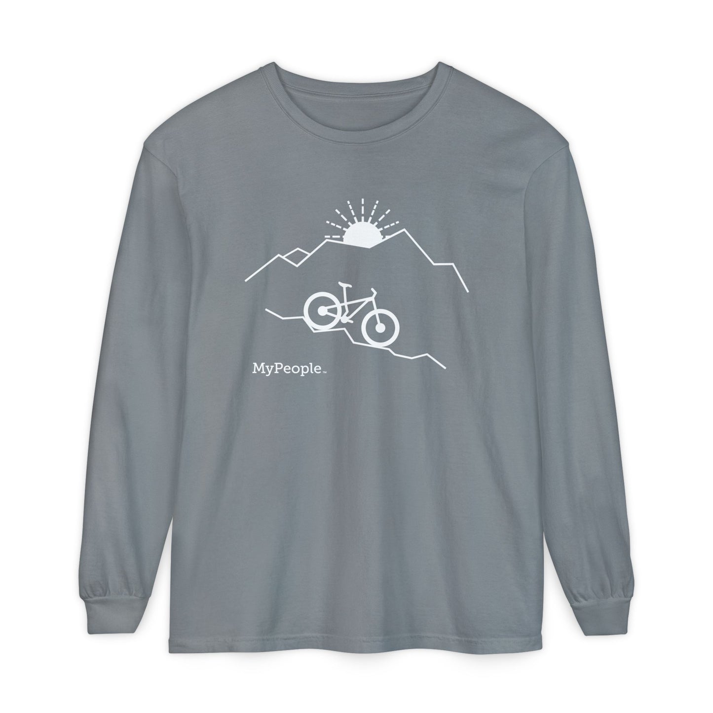 Line illustration of a mountain bike on a downhill slope with mountains and a setting sun, with the word MyPeople underneath on a unisex garment.