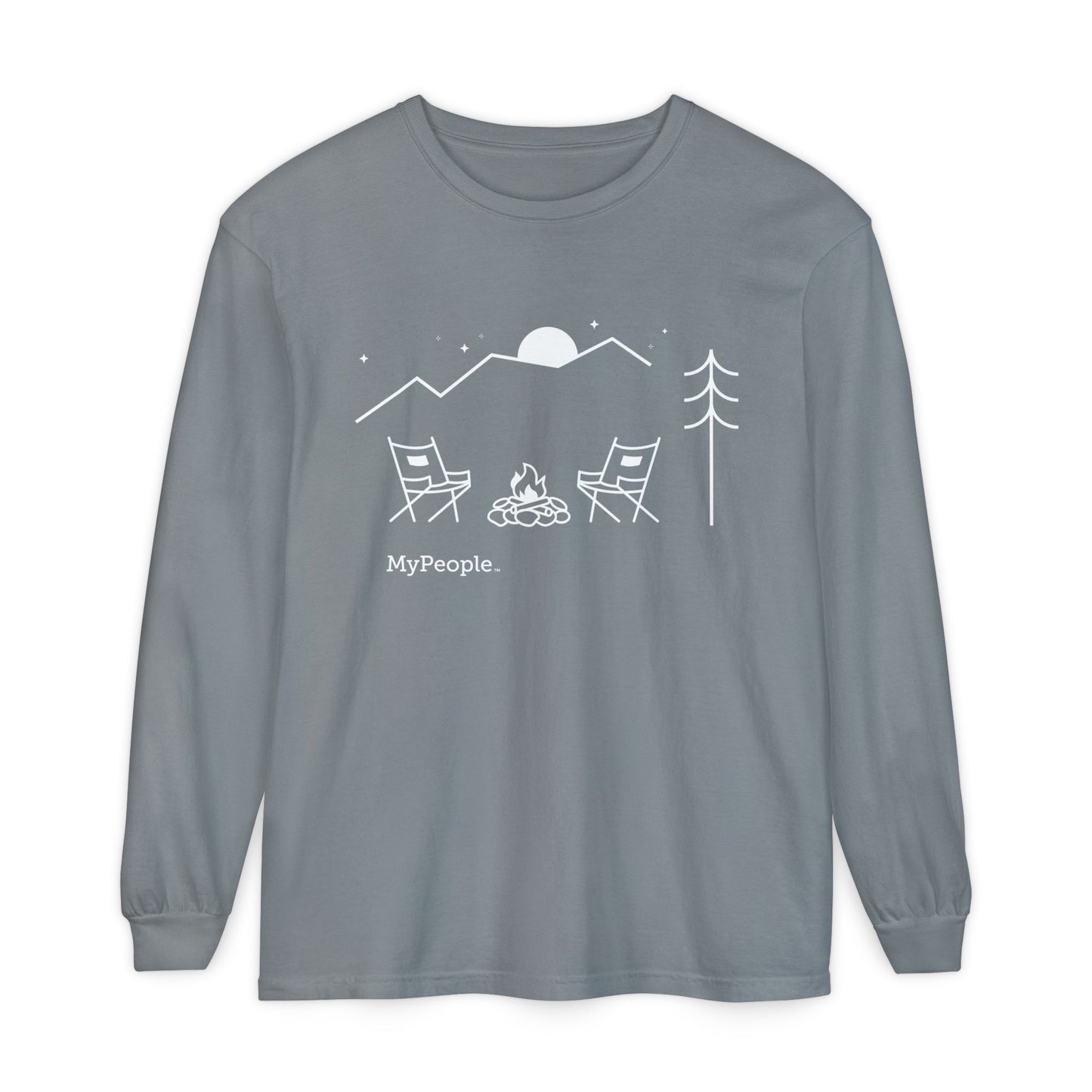Line illustration of two chairs by a campfire under a tree with mountains and a night sky, with the word MyPeople underneath on a unisex garment.