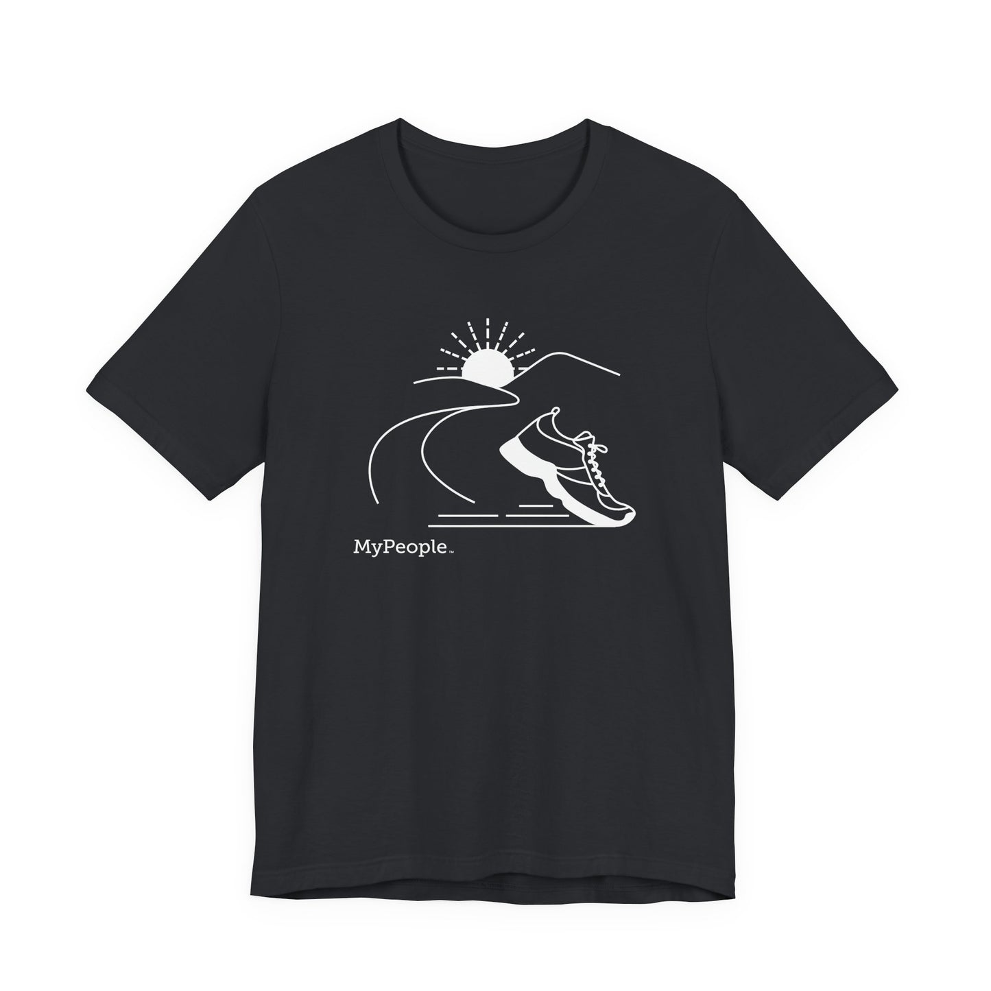 Line illustration of a running shoe with a road leading to mountains and a setting sun, with the word MyPeople underneath on a unisex garment.
