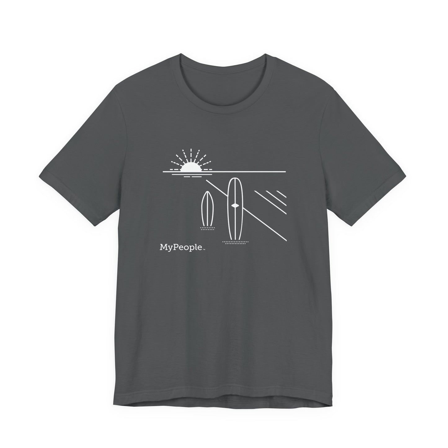 Line illustration of two surfboards standing upright in the sand with a setting sun, with the word MyPeople underneath on a unisex garment.