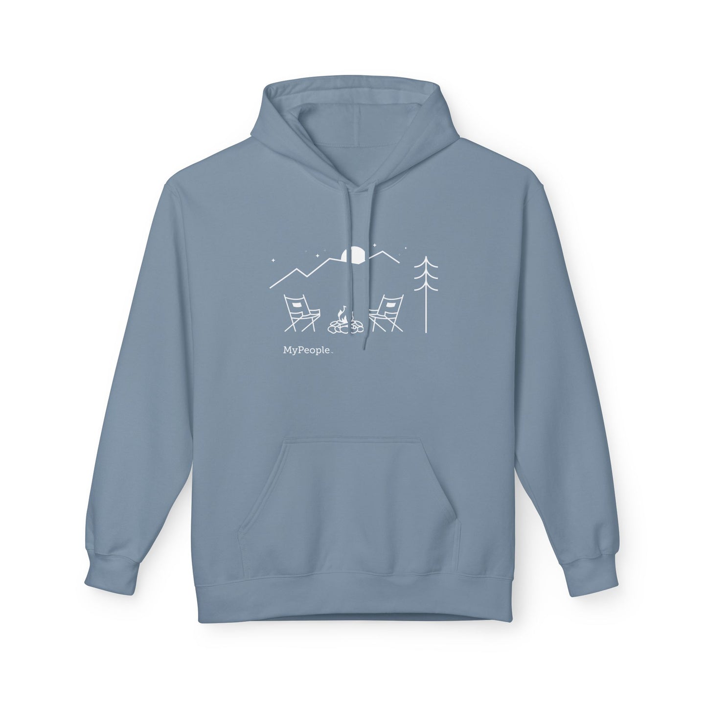 Line illustration of two chairs by a campfire under a tree with mountains and a night sky, with the word MyPeople underneath on a unisex garment.
