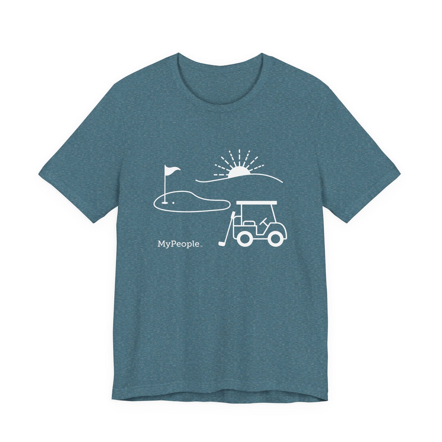 Line illustration of a golf cart, club, and green with a setting sun, with the word MyPeople underneath on a unisex garment.