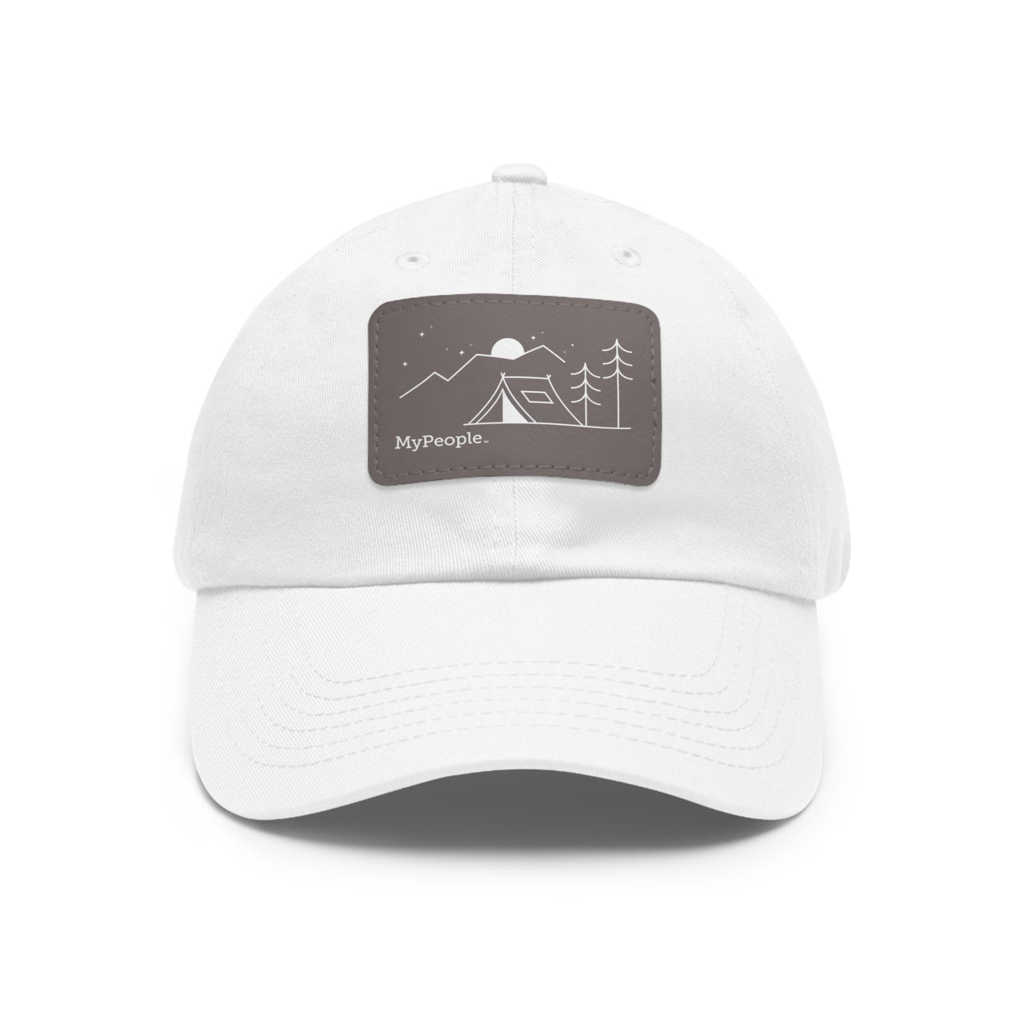 Hat with a leather patch printed with the MyPeople Tent Camping line illustration.
