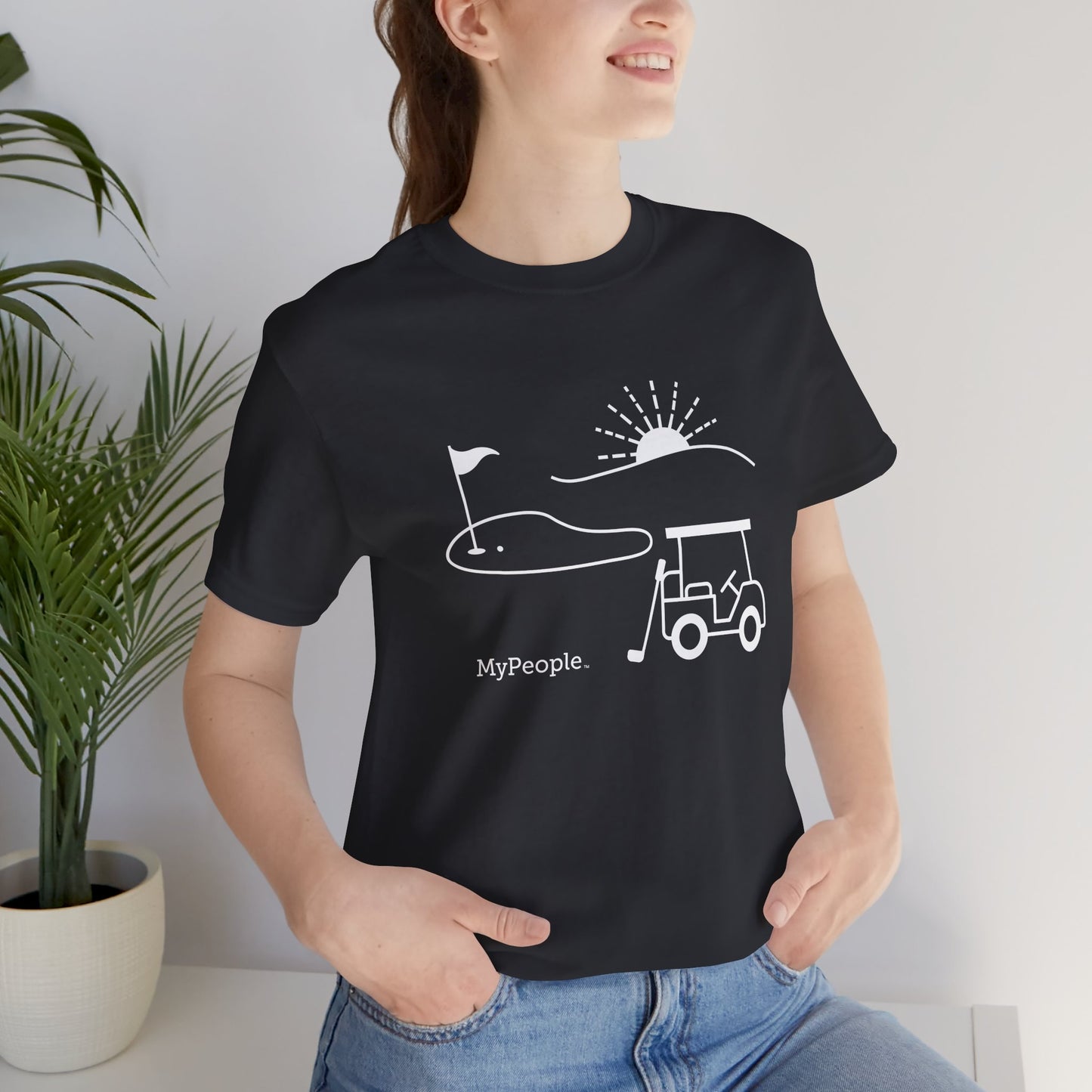 Person wearing a unisex t-shirt showing the front view with the MyPeople Golf line illustration.
