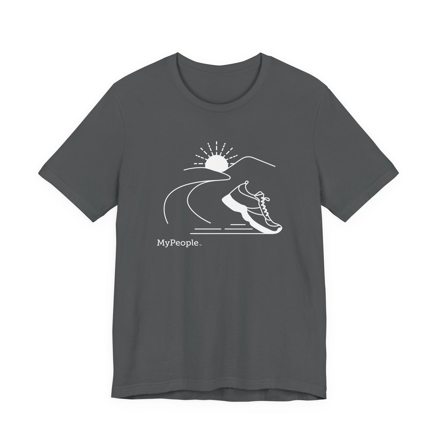 Line illustration of a running shoe with a road leading to mountains and a setting sun, with the word MyPeople underneath on a unisex garment.