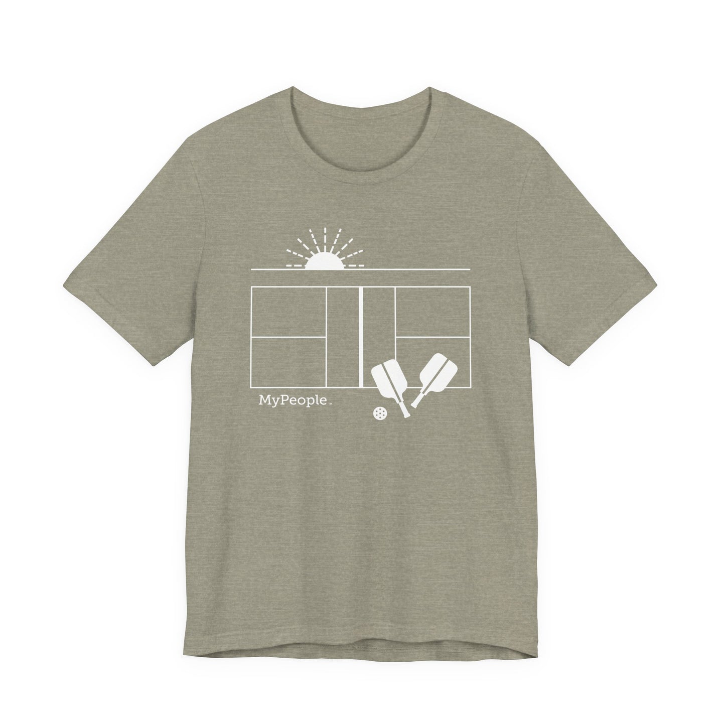 line illustration of a pickleball court with paddles, a ball, and a setting sun, with the word MyPeople underneath on a unisex t-shirt.