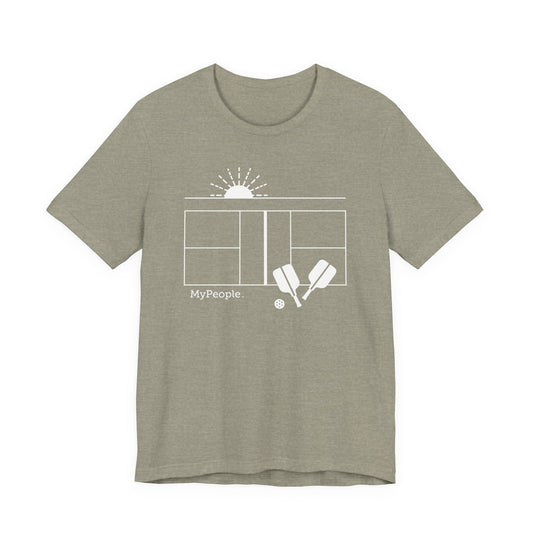 line illustration of a pickleball court with paddles, a ball, and a setting sun, with the word MyPeople underneath on a unisex t-shirt.