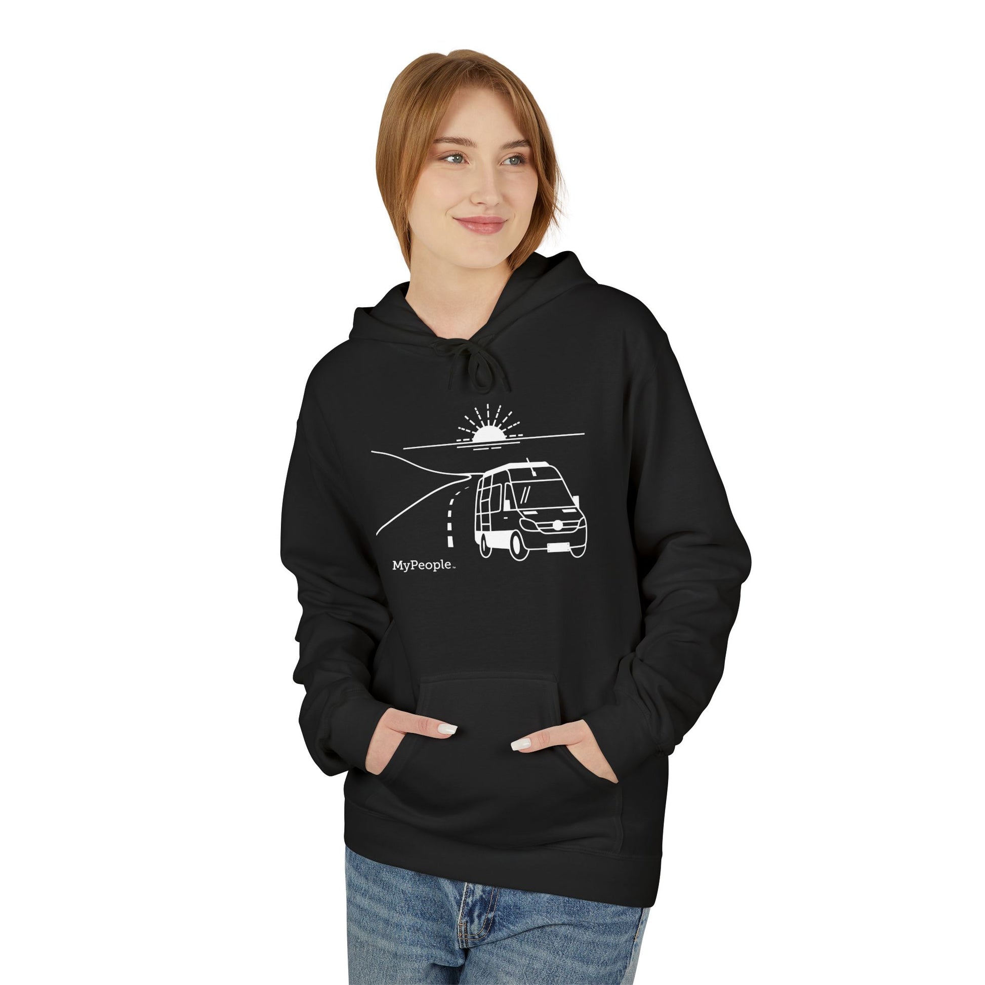 Person wearing a unisex hoodie showing the front view with the MyPeople Van Life line illustration.
