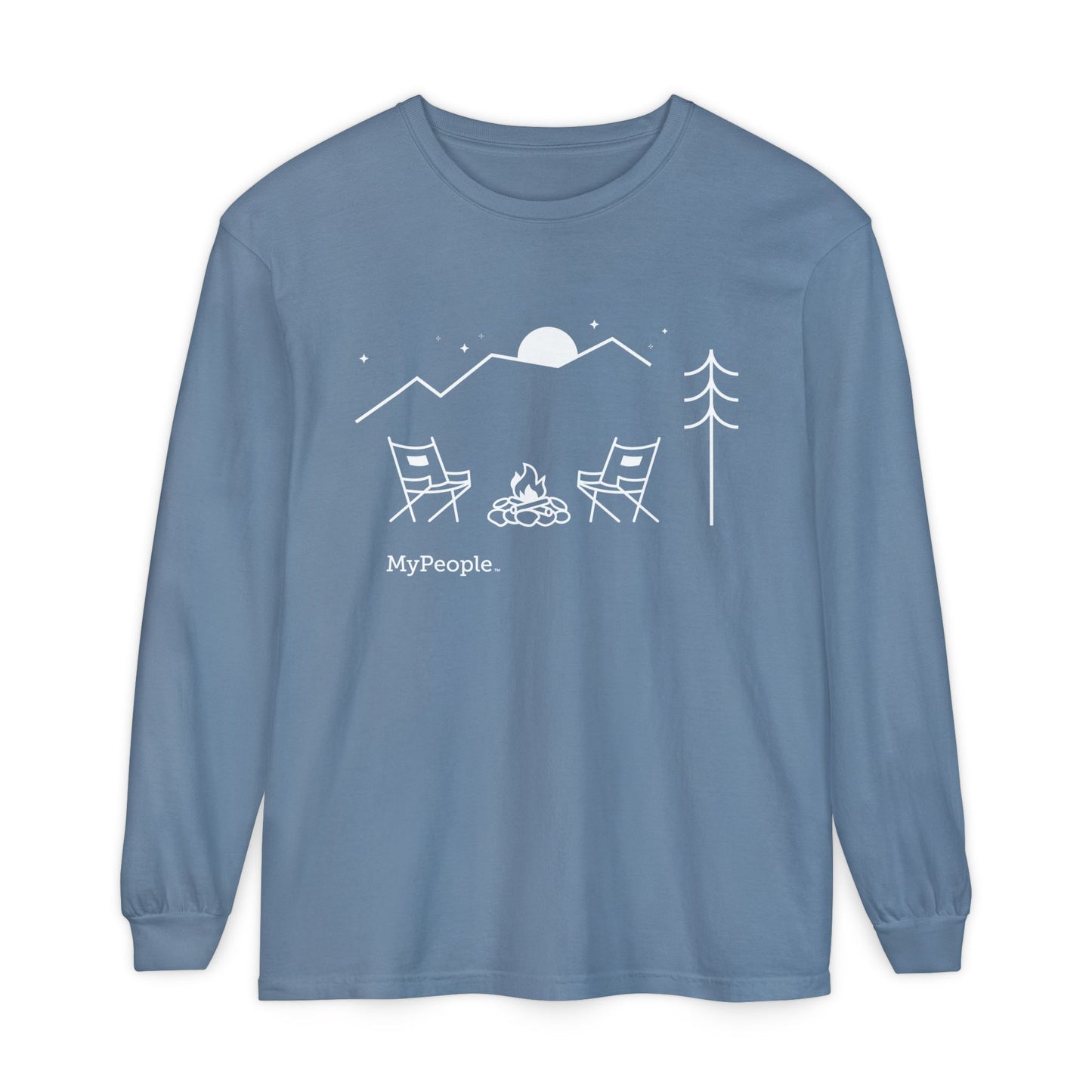 Line illustration of two chairs by a campfire under a tree with mountains and a night sky, with the word MyPeople underneath on a unisex garment.