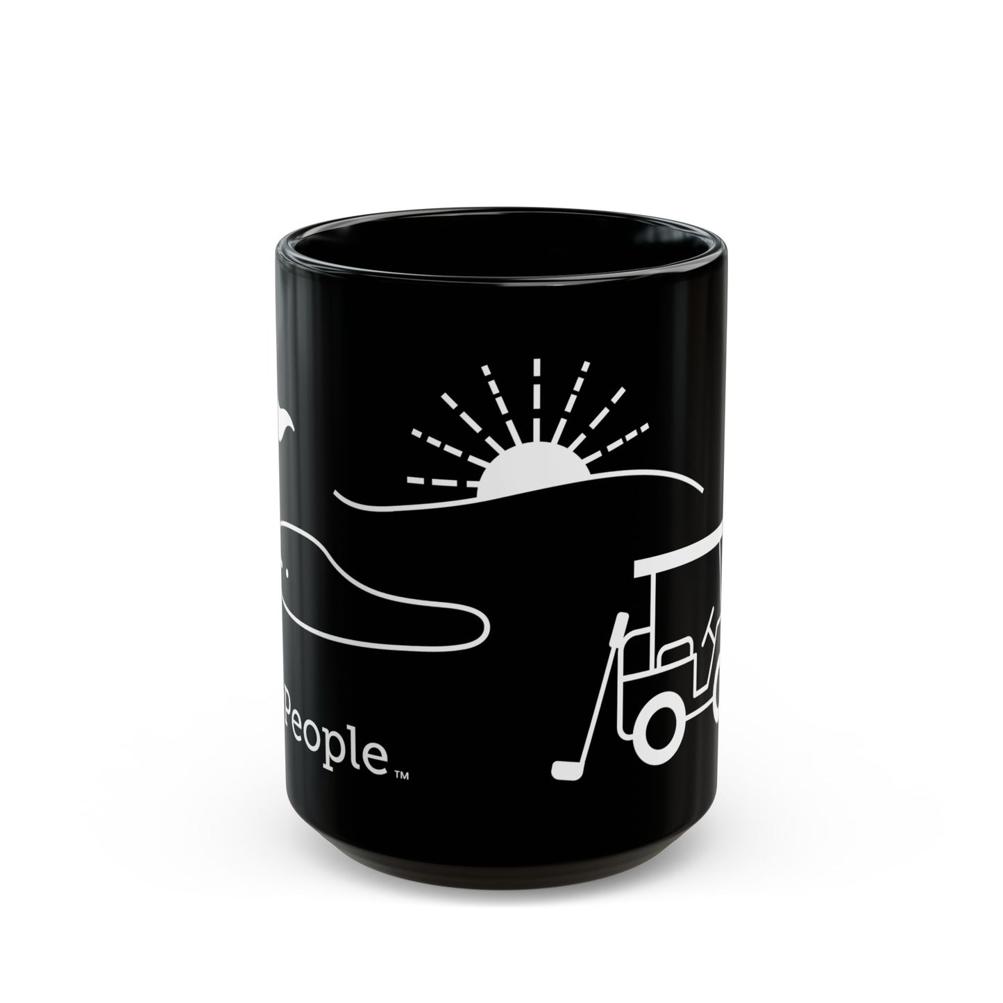 Line illustration of a golf cart with a club leaning against it, with a golf green, flag, and a setting sun behind it, with the word MyPeople underneath printed on a ceramic mug.