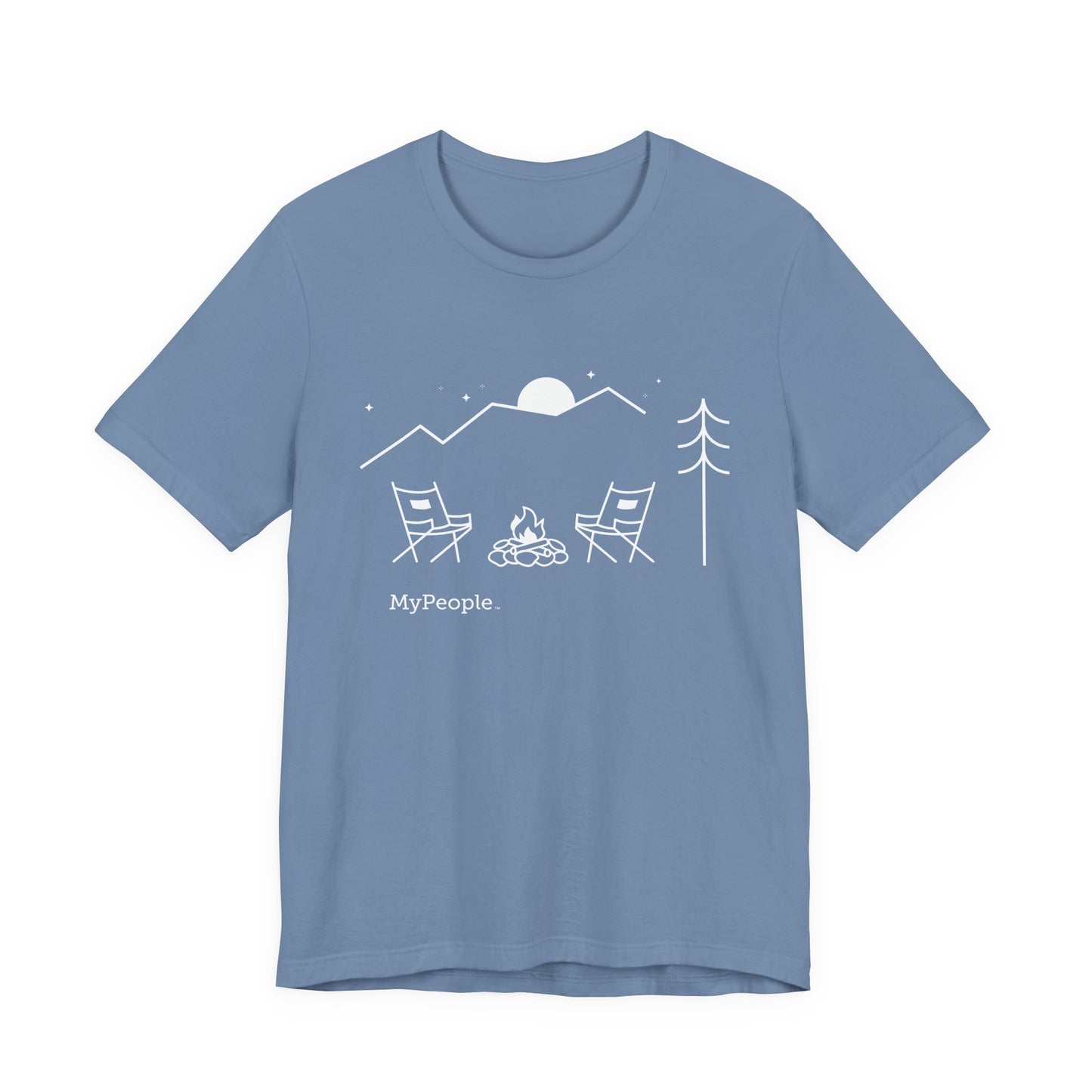 Line illustration of two chairs by a campfire under a tree with mountains and a night sky, with the word MyPeople underneath on a unisex garment.