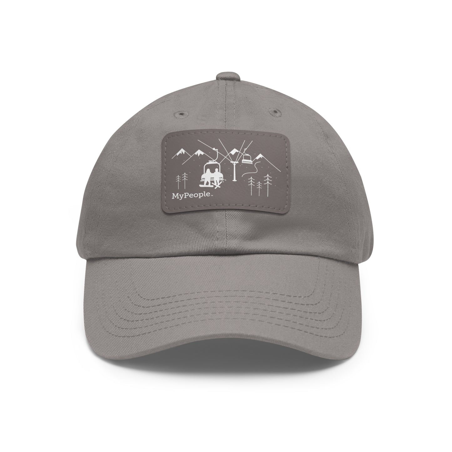 Hat with a leather patch printed with the MyPeople Snowsports line illustration.
