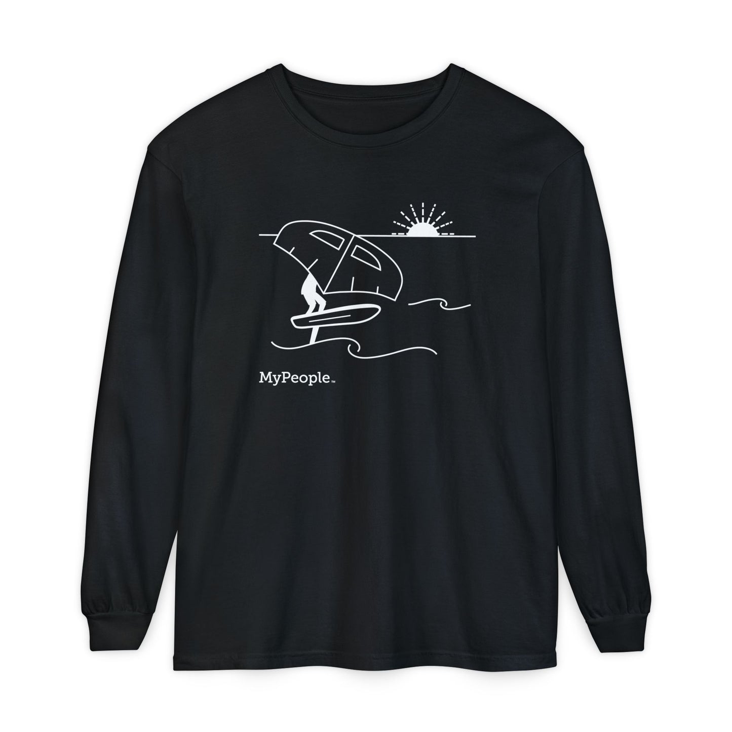 Line illustration of a person wing foiling on the water with a setting sun behind them, with the word MyPeople underneath on a unisex long-sleeve shirt.