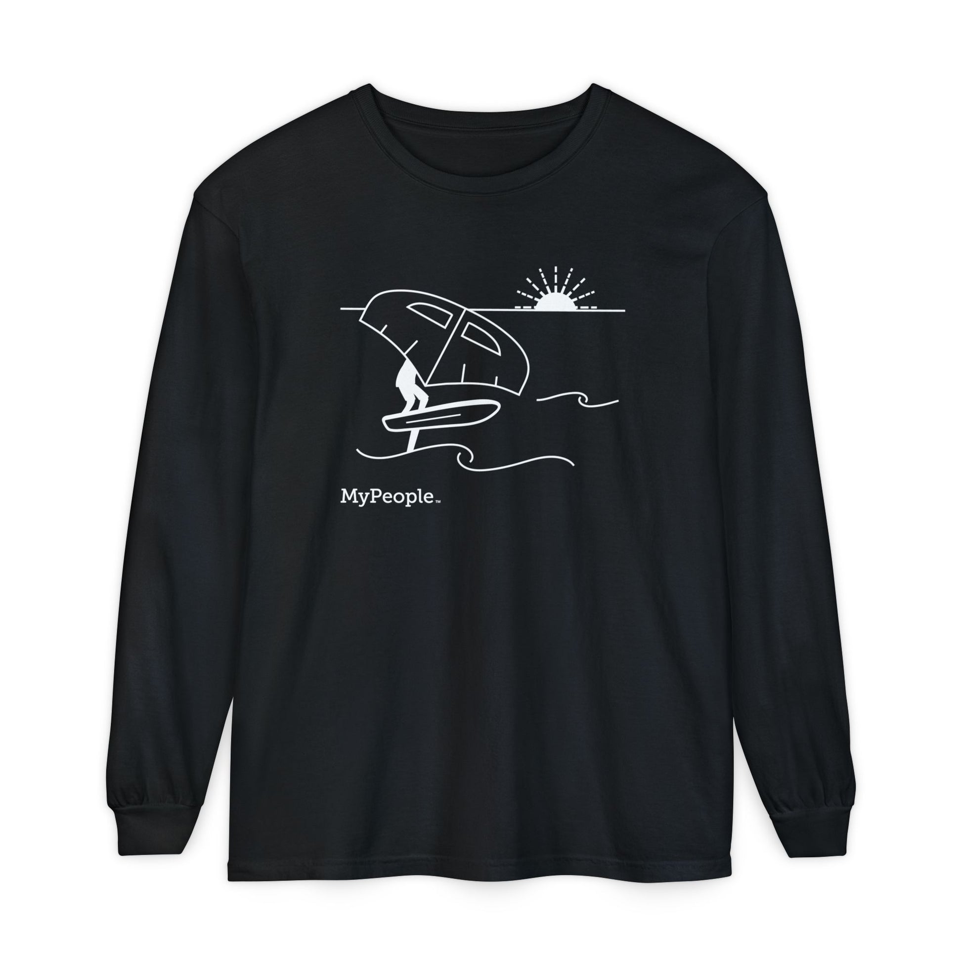 Line illustration of a person wing foiling on the water with a setting sun behind them, with the word MyPeople underneath on a unisex long-sleeve shirt.