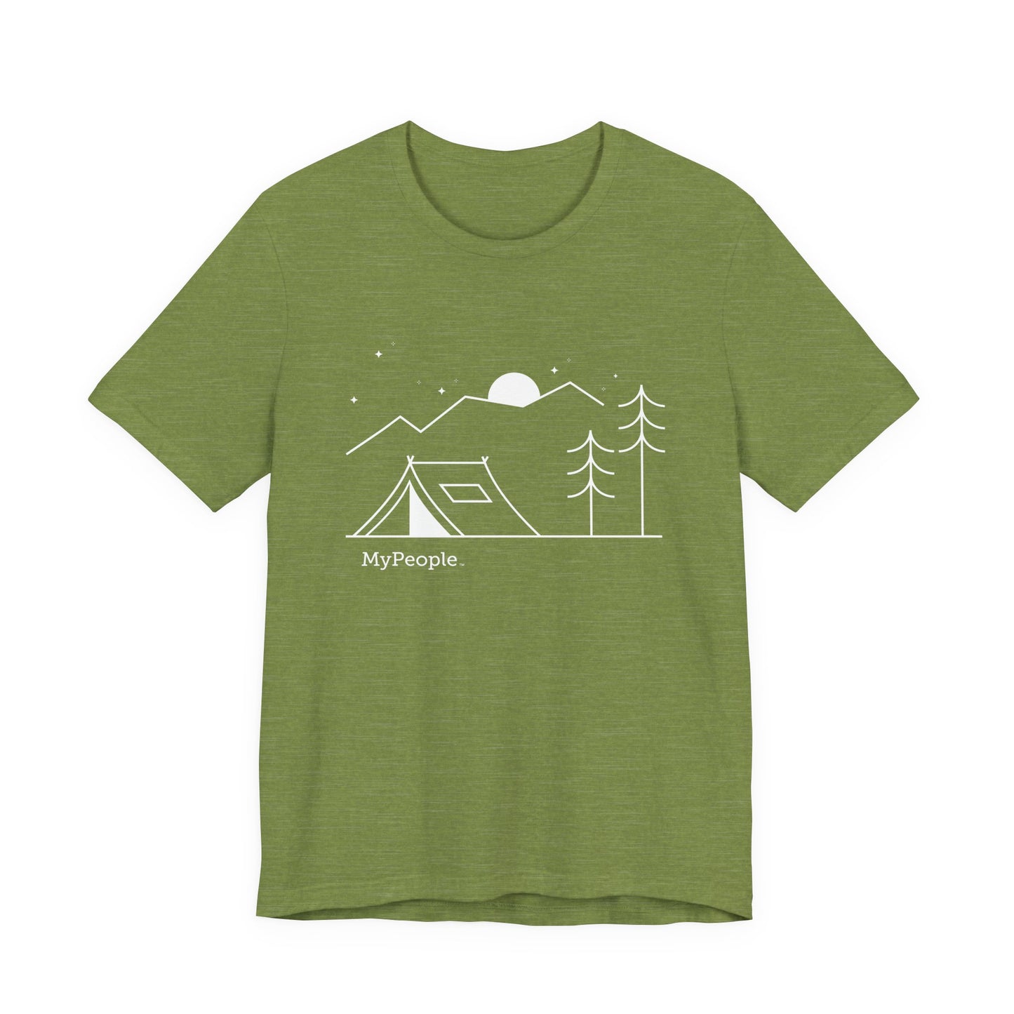 Line illustration of a tent beneath a tree with mountains, stars, and a moon, with the word MyPeople underneath on a unisex garment.